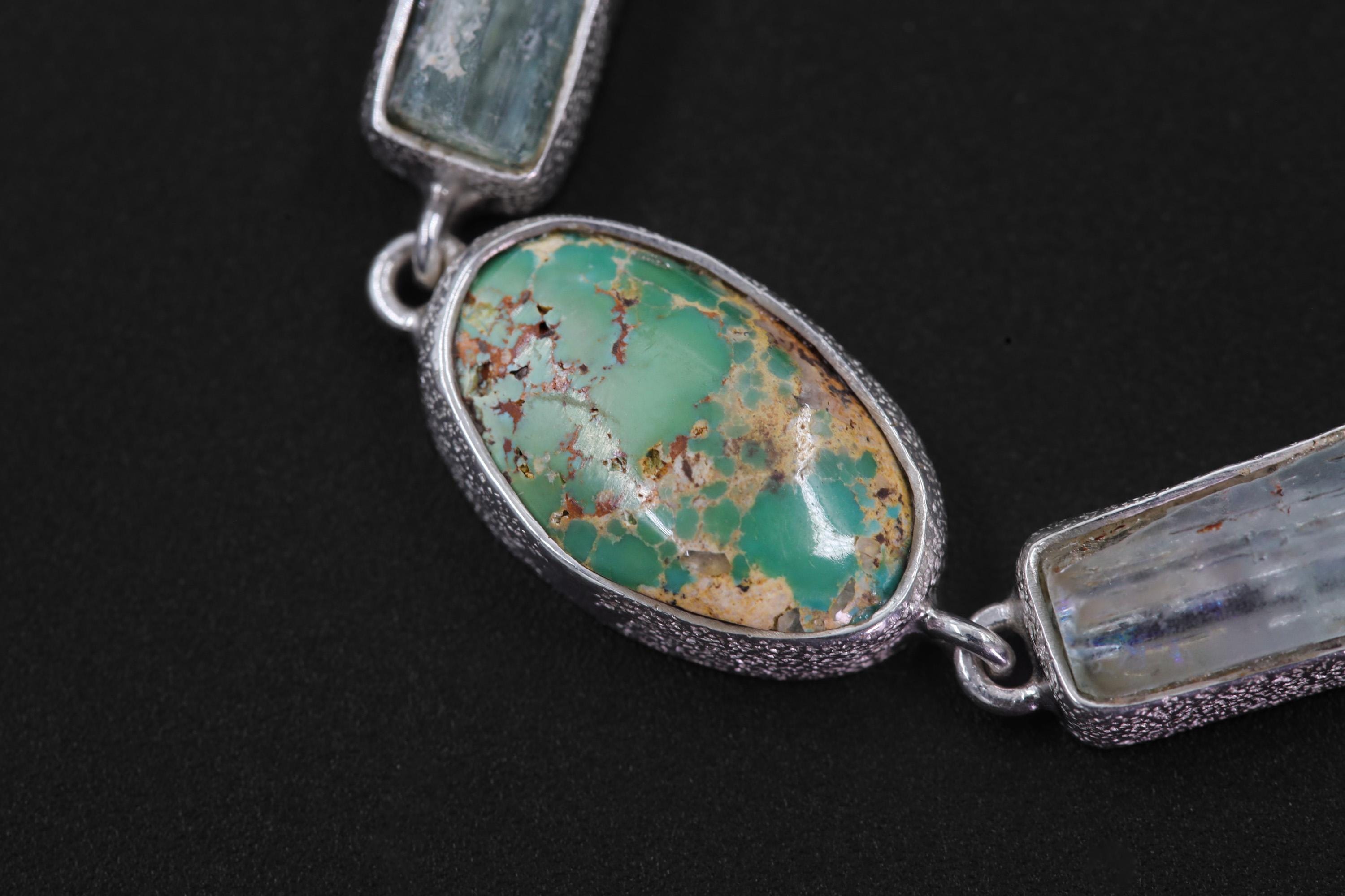 Arizona Turquoise, Aquamarine, Moonstone Necklace, 925 Silver Snake Chain, Raw Crystals, Boho Jewelry, Chakra Healing Gift, Organic Texture