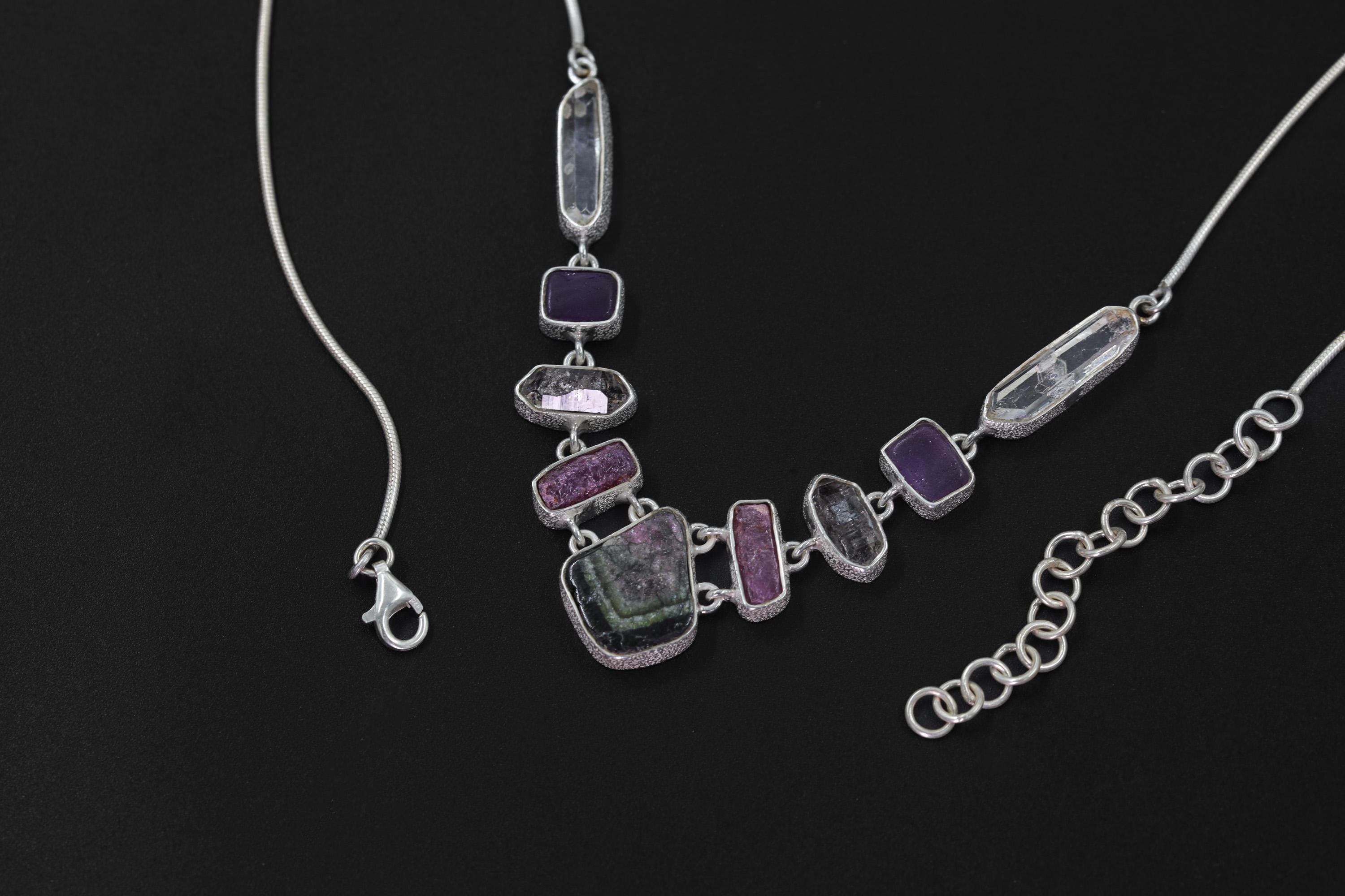 Raw Tourmaline Ruby Quartz Necklace, 925 Silver Box Chain, Green Gem Slice, DT Petroleum Crystal, Chakra Healing Pendant Gift