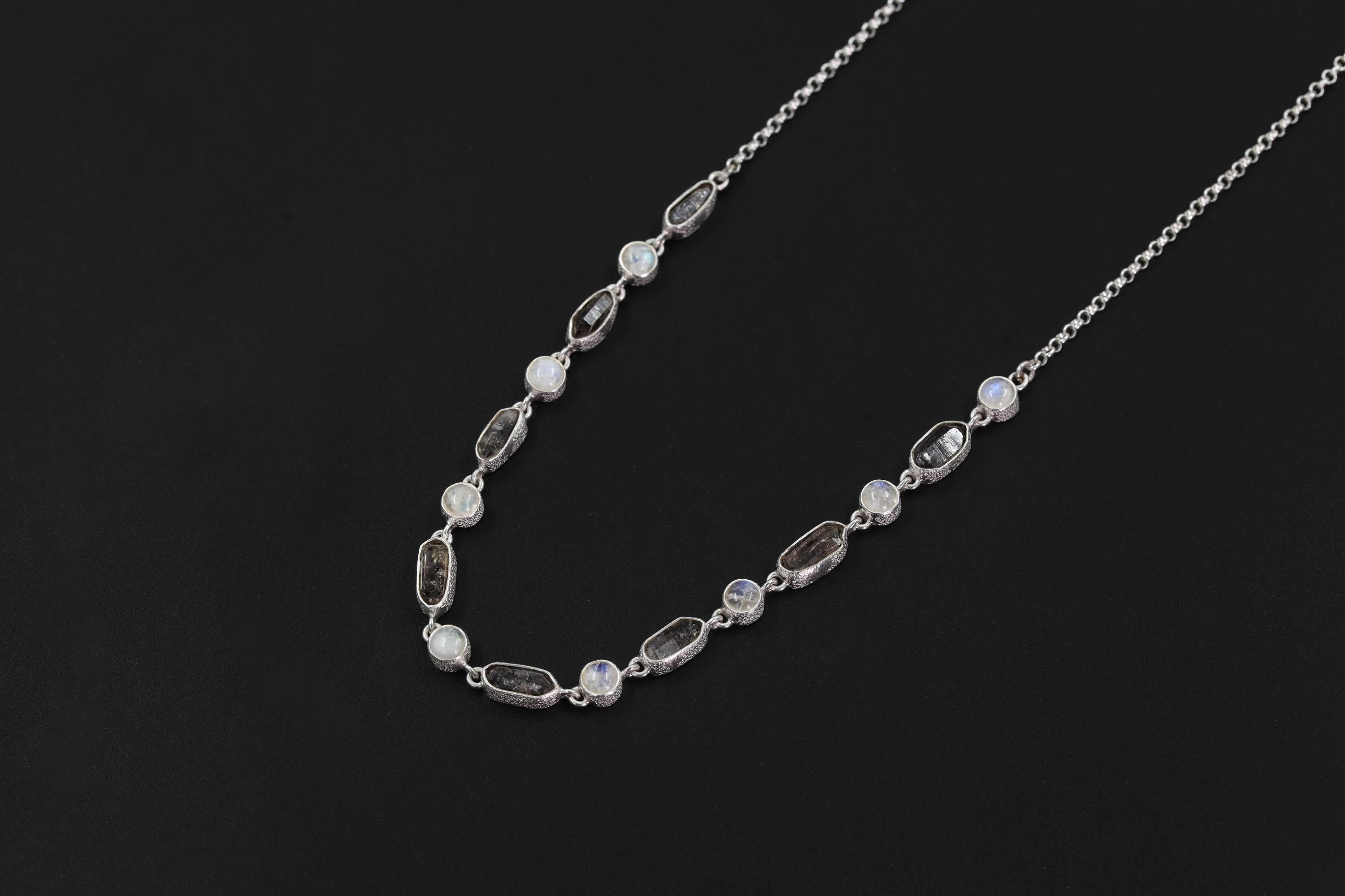 Petroleum Smoky Quartz Moonstone Necklace, 925 Silver, Raw Crystal Collar, High Shine Rolo Chain, Crown Chakra, Mystic Boho Jewelry