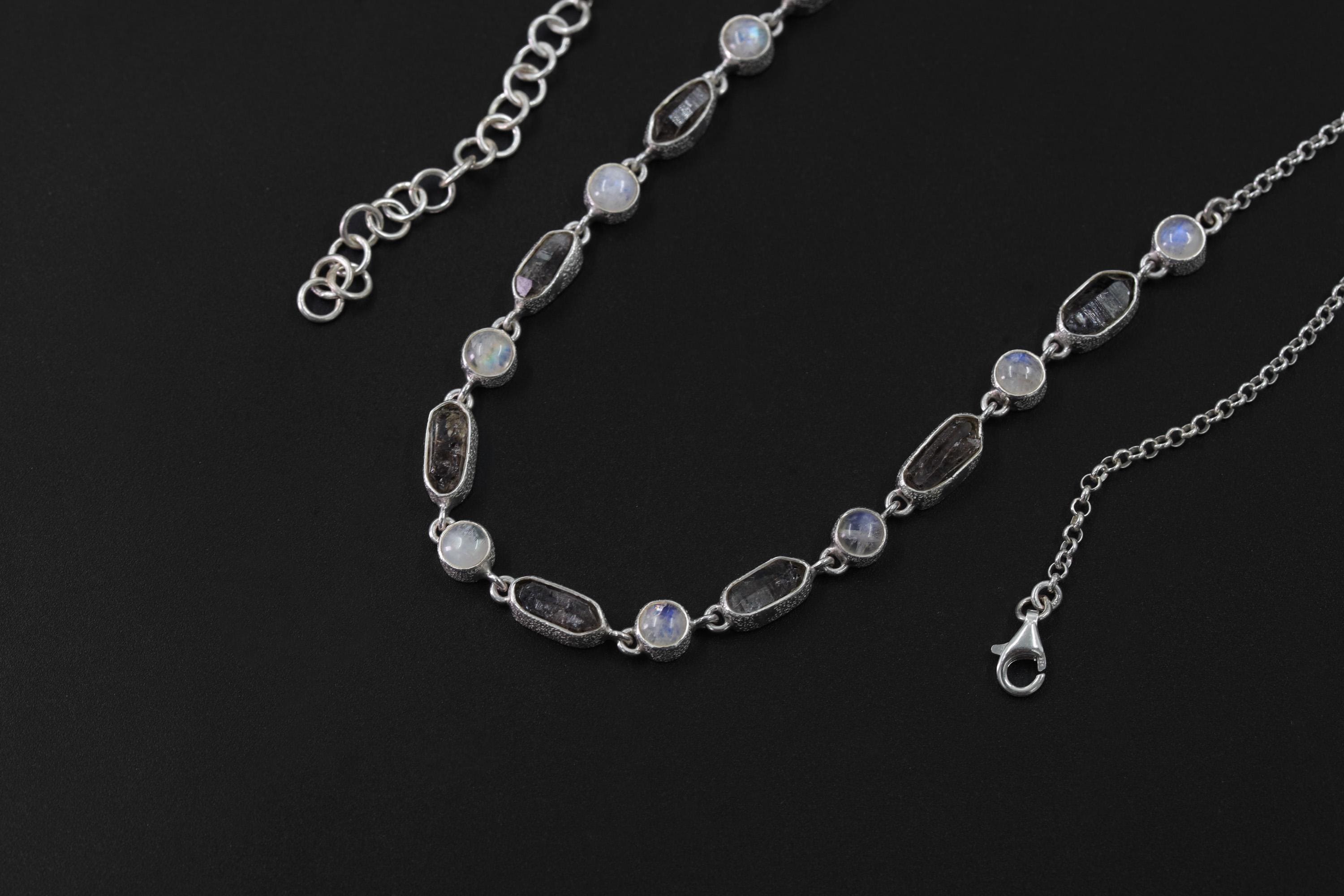 Petroleum Smoky Quartz Moonstone Necklace, 925 Silver, Raw Crystal Collar, High Shine Rolo Chain, Crown Chakra, Mystic Boho Jewelry