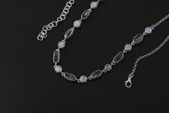 Petroleum Smoky Quartz Moonstone Necklace, 925 Silver, Raw Crystal Collar, High Shine Rolo Chain, Crown Chakra, Mystic Boho Jewelry