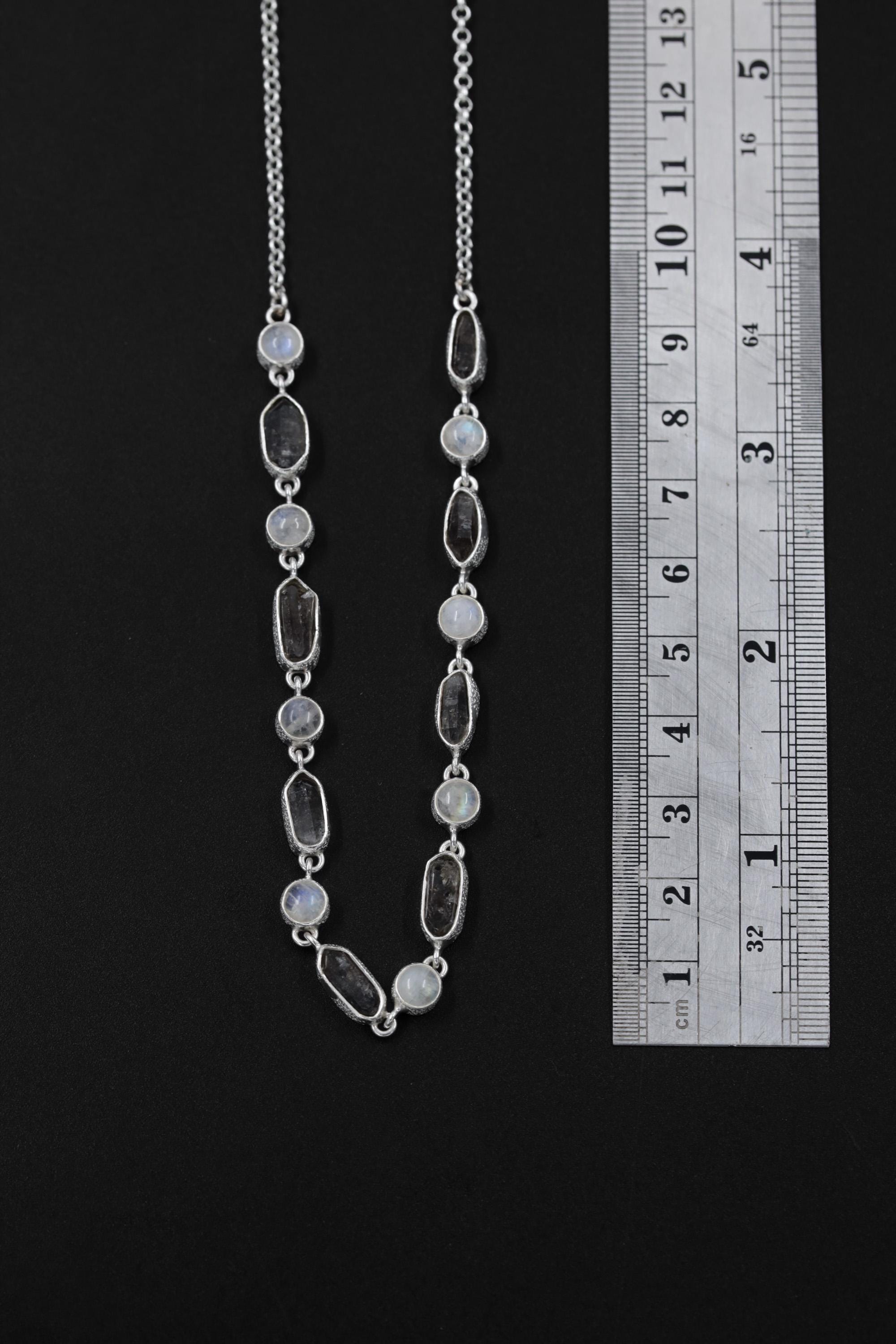 Petroleum Smoky Quartz Moonstone Necklace, 925 Silver, Raw Crystal Collar, High Shine Rolo Chain, Crown Chakra, Mystic Boho Jewelry