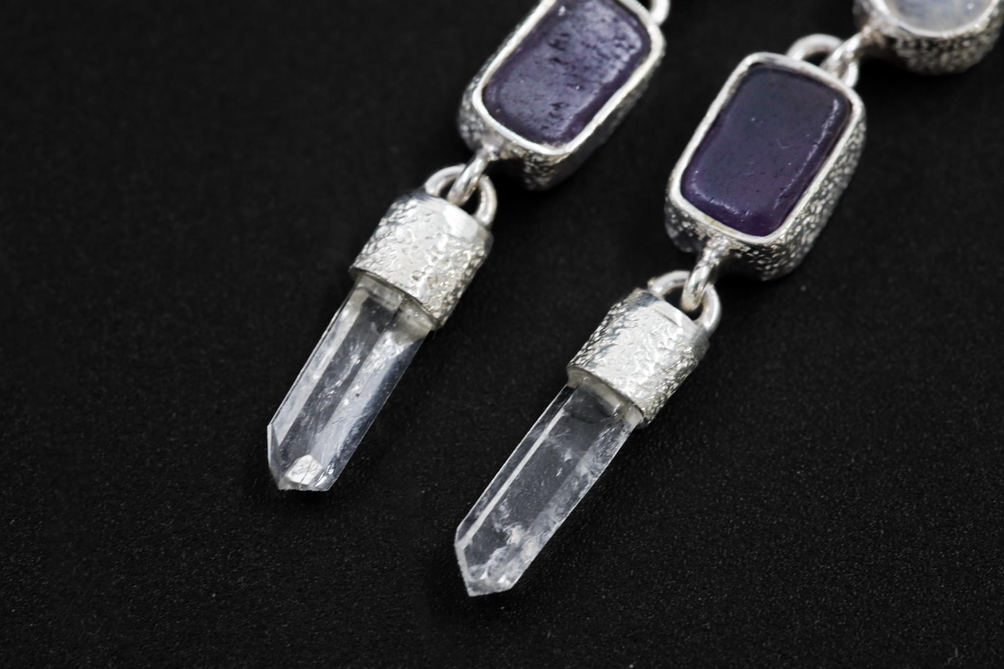 Amethyst Blue Moonstone and Raw Quartz Earrings, Sand Textured Sterling Silver Stud, Spiritual Jewelry, Chakra Healing, Unique Gift