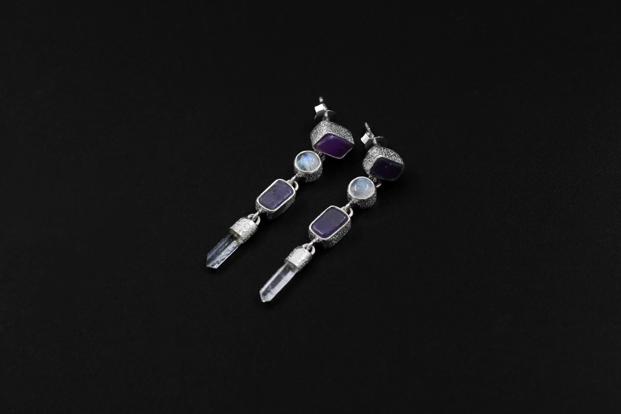 Amethyst Blue Moonstone and Raw Quartz Earrings, Sand Textured Sterling Silver Stud, Spiritual Jewelry, Chakra Healing, Unique Gift