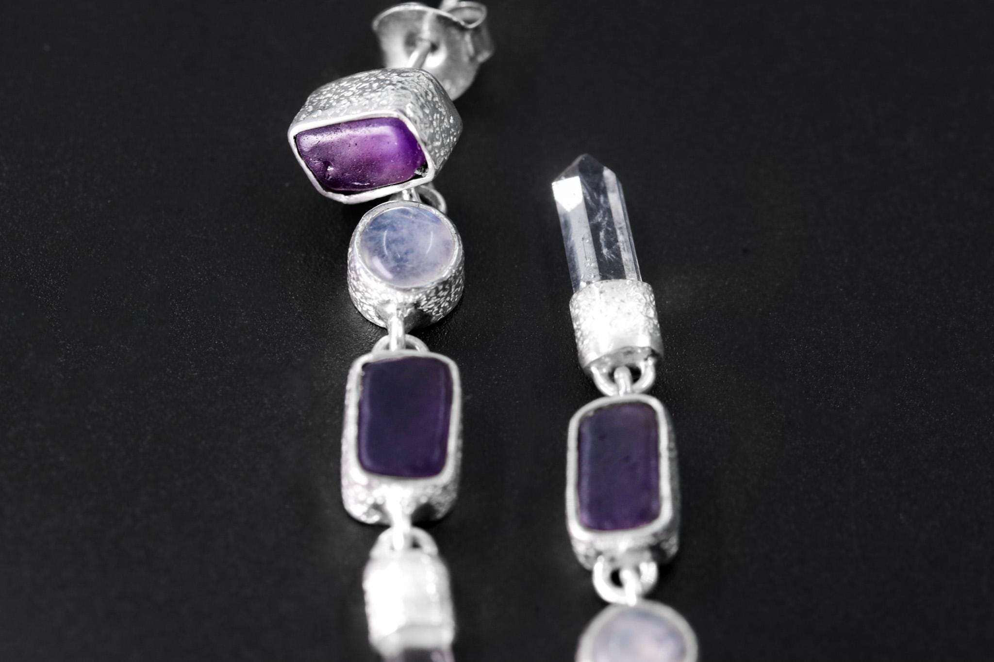 Amethyst Blue Moonstone and Raw Quartz Earrings, Sand Textured Sterling Silver Stud, Spiritual Jewelry, Chakra Healing, Unique Gift
