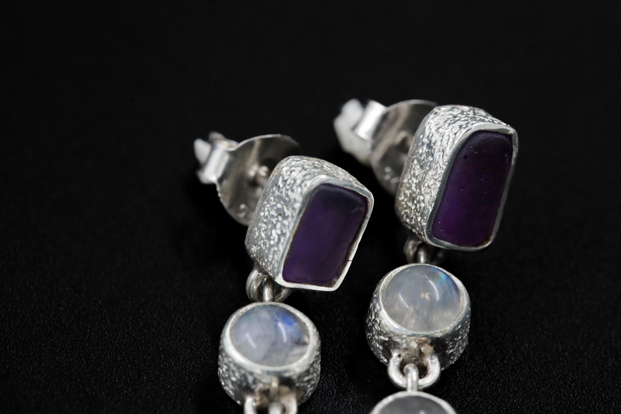 Amethyst & Blue Moonstone Stud Earrings with Sand Textured Sterling Silver dangle, Spiritual Jewelry for Intuition and Chakra Healing Gift