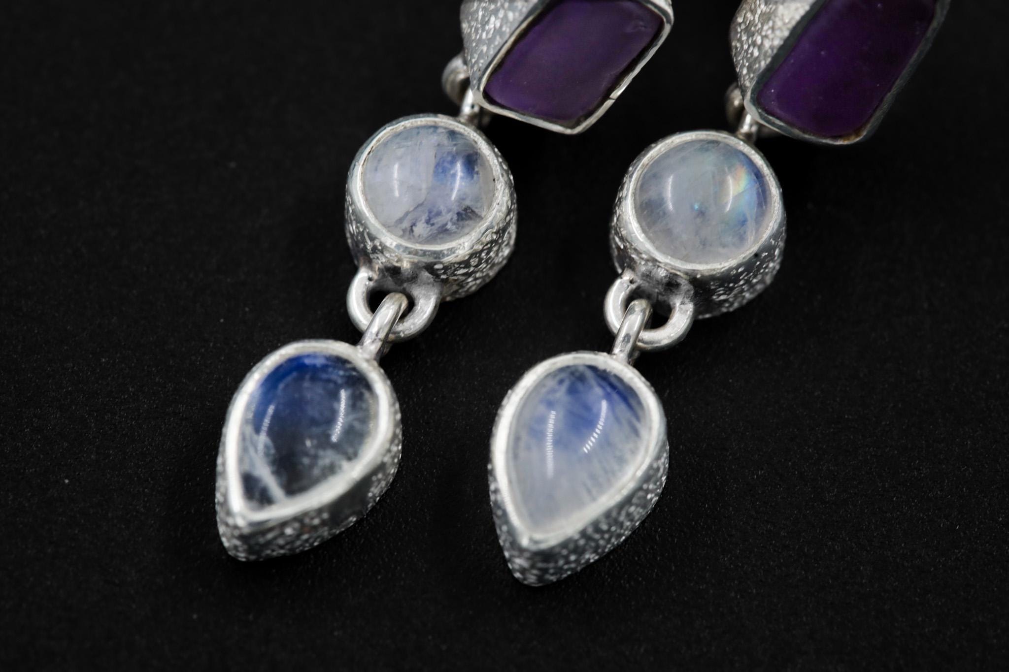 Amethyst & Blue Moonstone Stud Earrings with Sand Textured Sterling Silver dangle, Spiritual Jewelry for Intuition and Chakra Healing Gift