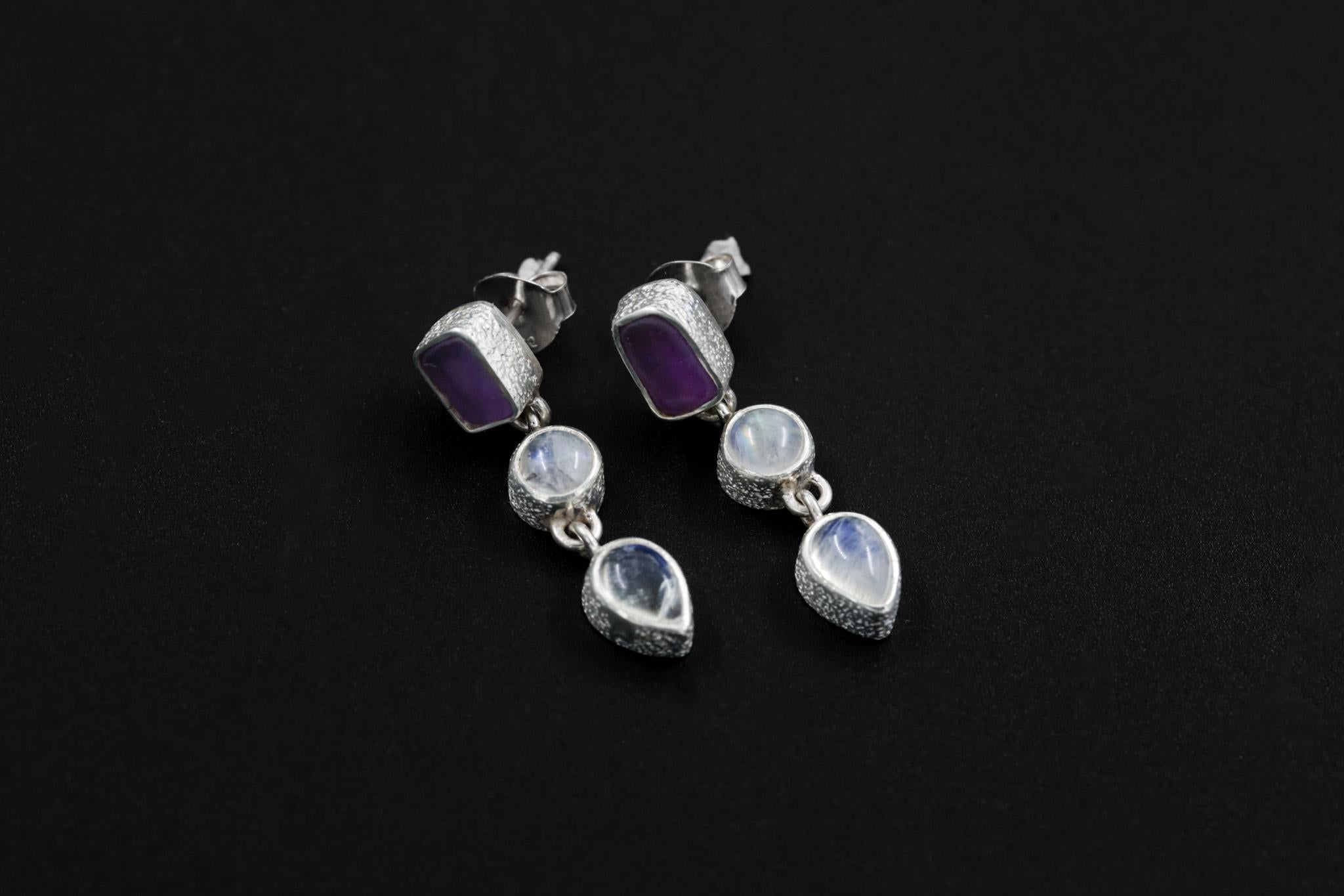 Amethyst & Blue Moonstone Stud Earrings with Sand Textured Sterling Silver dangle, Spiritual Jewelry for Intuition and Chakra Healing Gift