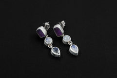 Amethyst & Blue Moonstone Stud Earrings with Sand Textured Sterling Silver dangle, Spiritual Jewelry for Intuition and Chakra Healing Gift