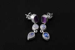 Amethyst & Blue Moonstone Stud Earrings with Sand Textured Sterling Silver dangle, Spiritual Jewelry for Intuition and Chakra Healing Gift