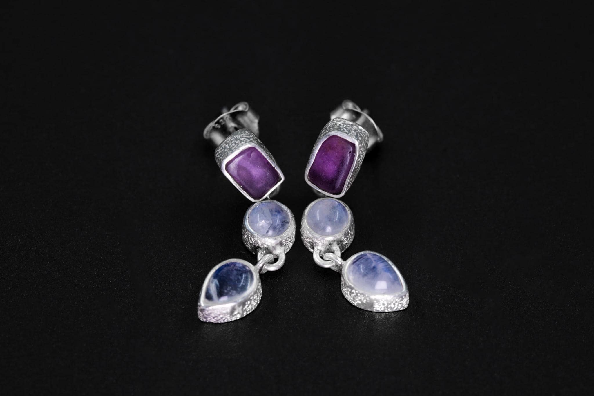 Amethyst & Blue Moonstone Stud Earrings with Sand Textured Sterling Silver dangle, Spiritual Jewelry for Intuition and Chakra Healing Gift