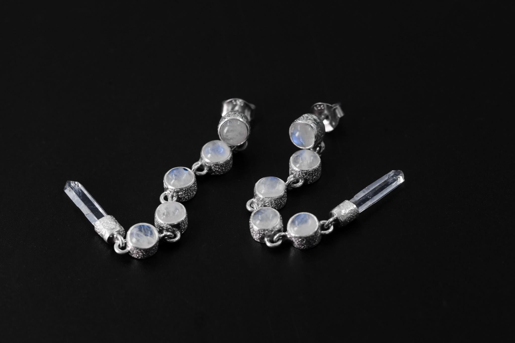 Crystal Earring Stud, Teardrop Blue Moonstone & Raw Clear Quartz Point, Sand Textured Sterling Silver, Crown Chakra, Cancer Zodiac Gift