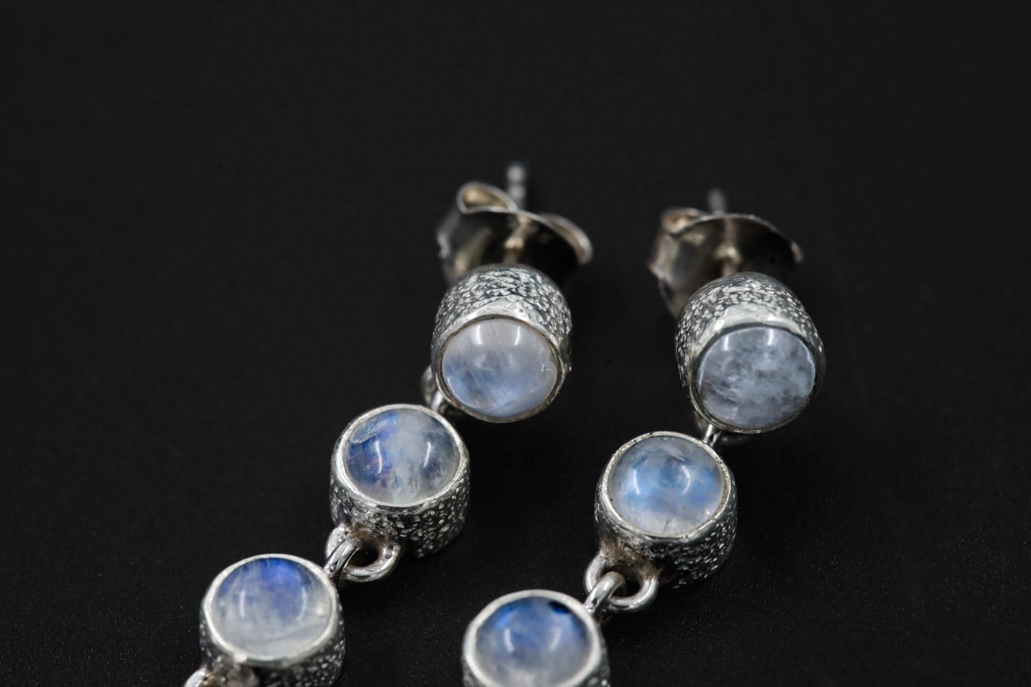 Stud Earring dangle Round Blue Moonstone & Raw Clear Quartz Earrings Sand Textured Sterling Silver Crown Chakra Cancer Zodiac Spiritual Gift