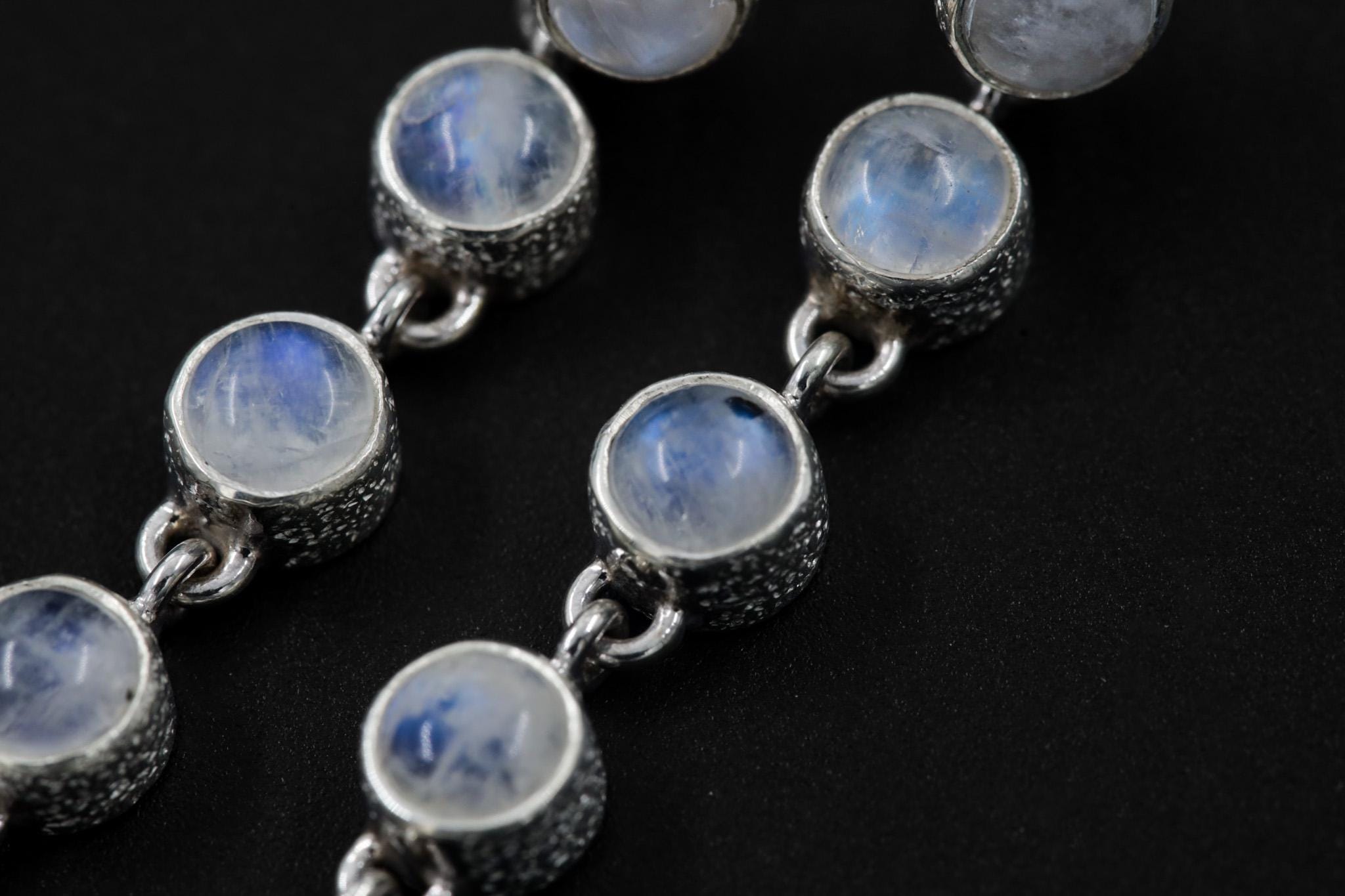 Stud Earring dangle Round Blue Moonstone & Raw Clear Quartz Earrings Sand Textured Sterling Silver Crown Chakra Cancer Zodiac Spiritual Gift