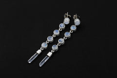 Stud Earring dangle Round Blue Moonstone & Raw Clear Quartz Earrings Sand Textured Sterling Silver Crown Chakra Cancer Zodiac Spiritual Gift
