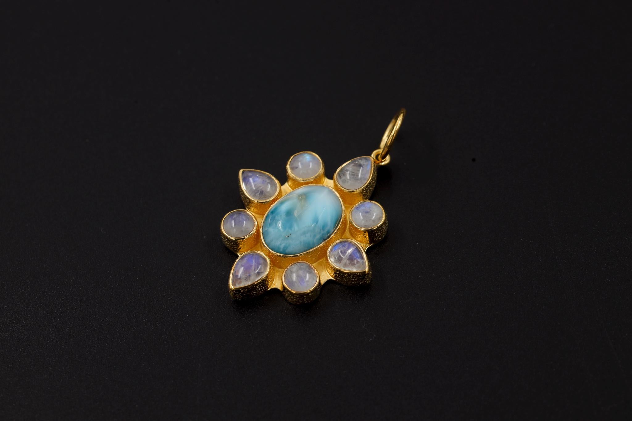 Larimar, Blue Moonstone Flower Pendant, 925 Silver, 18K Gold Plated, Handmade Boho Jewelry, Ocean Energy Amulet, Intuition & Calmness
