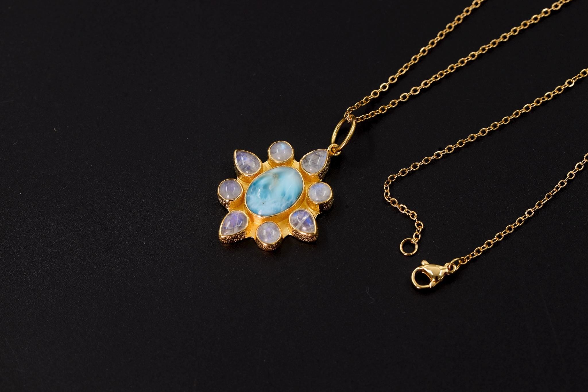 Larimar, Blue Moonstone Flower Pendant, 925 Silver, 18K Gold Plated, Handmade Boho Jewelry, Ocean Energy Amulet, Intuition & Calmness