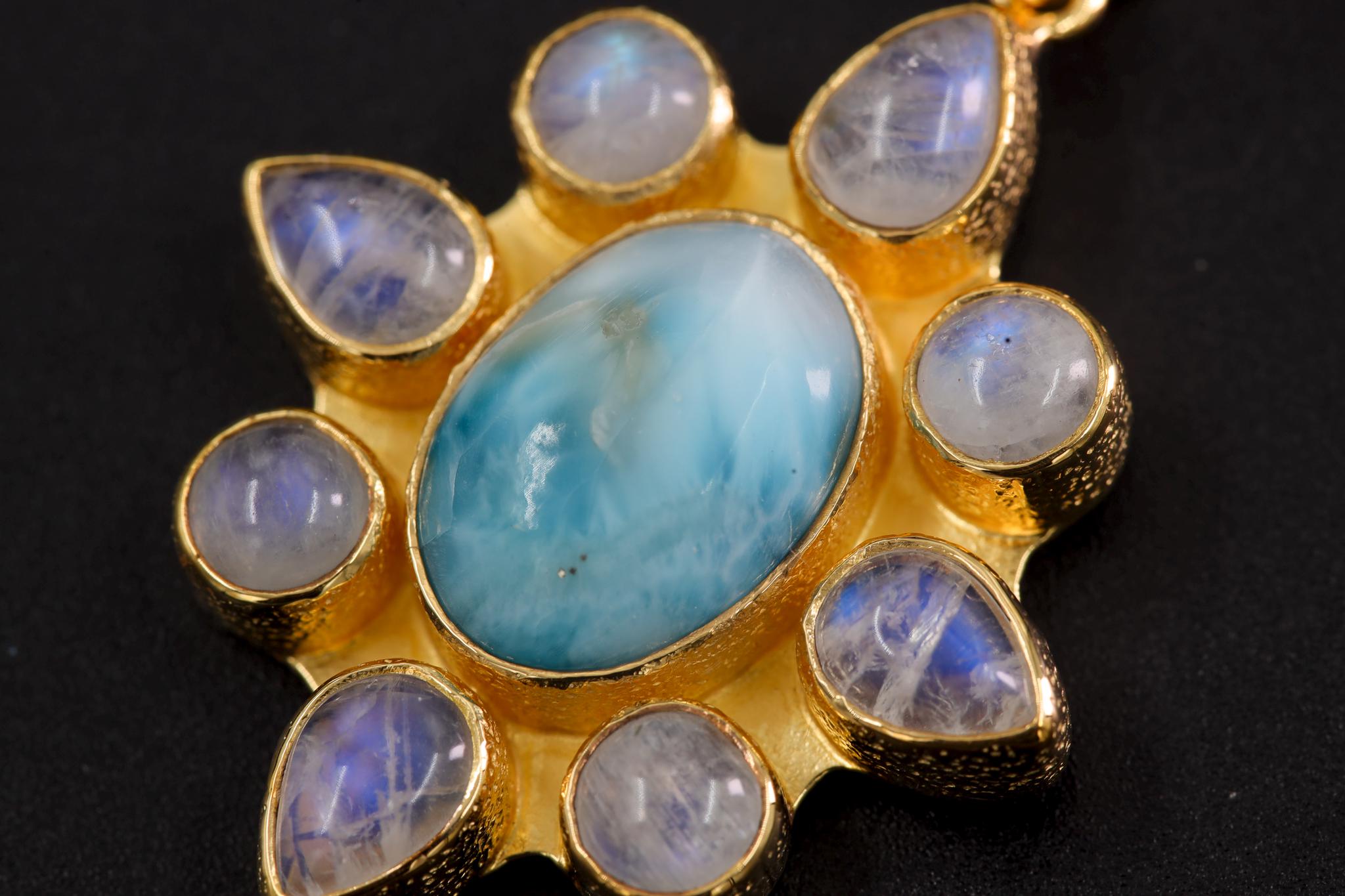 Larimar, Blue Moonstone Flower Pendant, 925 Silver, 18K Gold Plated, Handmade Boho Jewelry, Ocean Energy Amulet, Intuition & Calmness