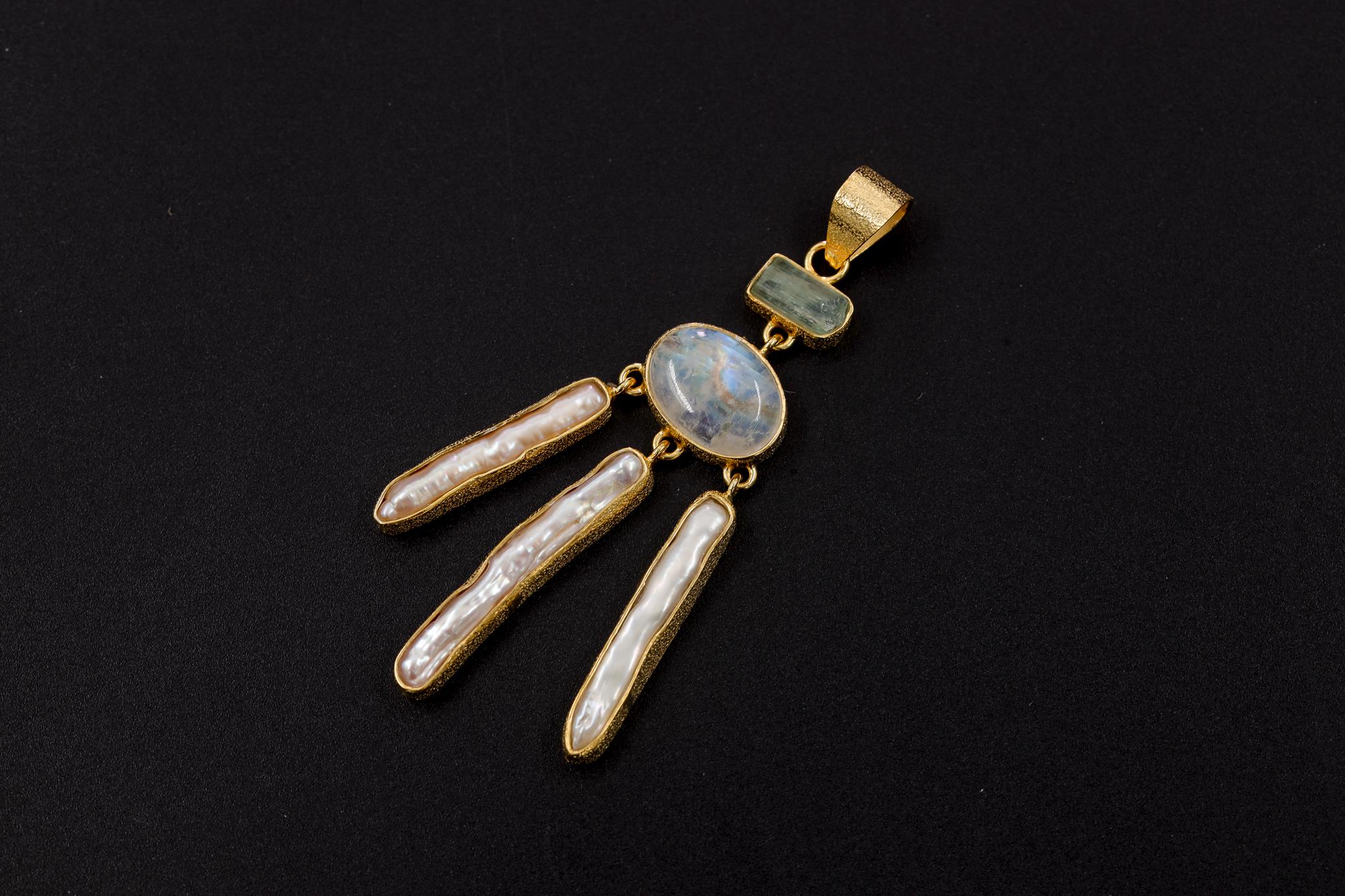 Aquamarine Moonstone Pearl Pendant, 925 Gold Plated Talisman, Raw Stick Pearls, Dreamcatcher Necklace, Crown Chakra, Ocean Energy Gift