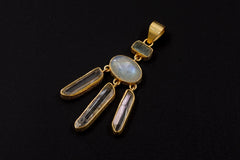 Aquamarine Blue Moonstone Quartz Pendant, 925 Silver 18K Gold Plated, Raw Crystal Dangle Necklace, Crown Chakra, Dream Catcher Jewelry