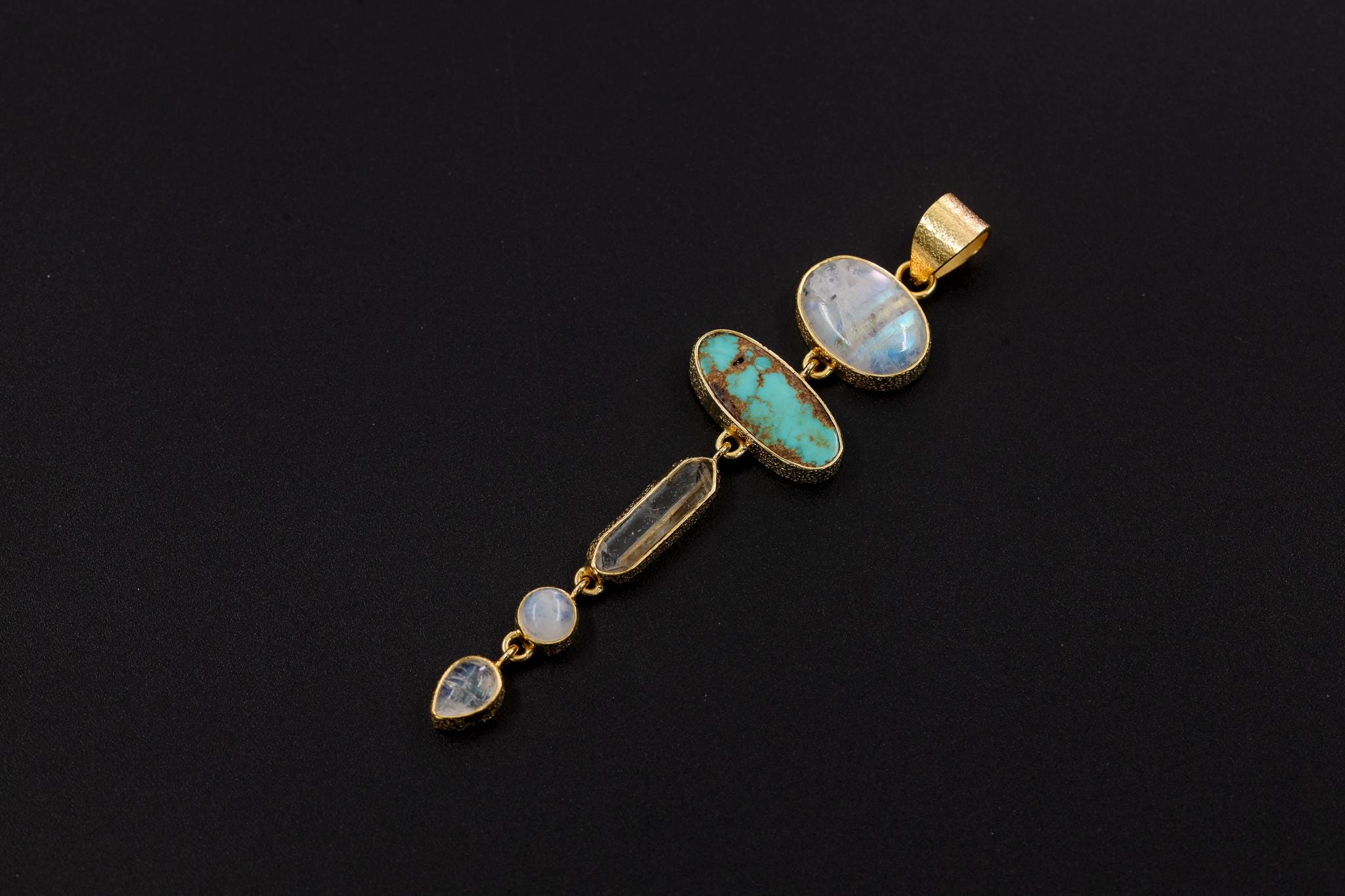 Moonstone, Sleeping Beauty Turquoise, Raw Quartz Pendant, 18K Gold Plated 925 Silver, Chakra Necklace, Unique Blue Gem Gift, Organic Texture