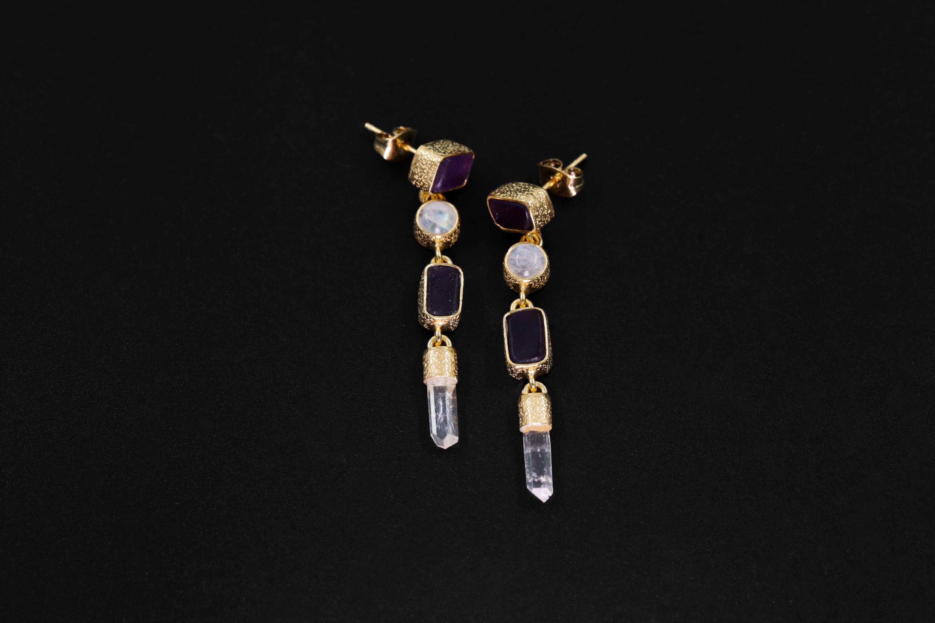 Amethyst, Blue Moonstone & Raw Quartz Earrings – 18K Gold Plated 3 Micron Sand Textured Studs, Third Eye Crown Chakra Unique Spiritual Gift