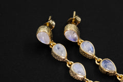 Teardrop Blue Moonstone & Raw Clear Quartz Earring Stud, Sand Textured Sterling Silver, 18K Gold Plated 3 Micron, Crown Chakra, Jewelry Gift