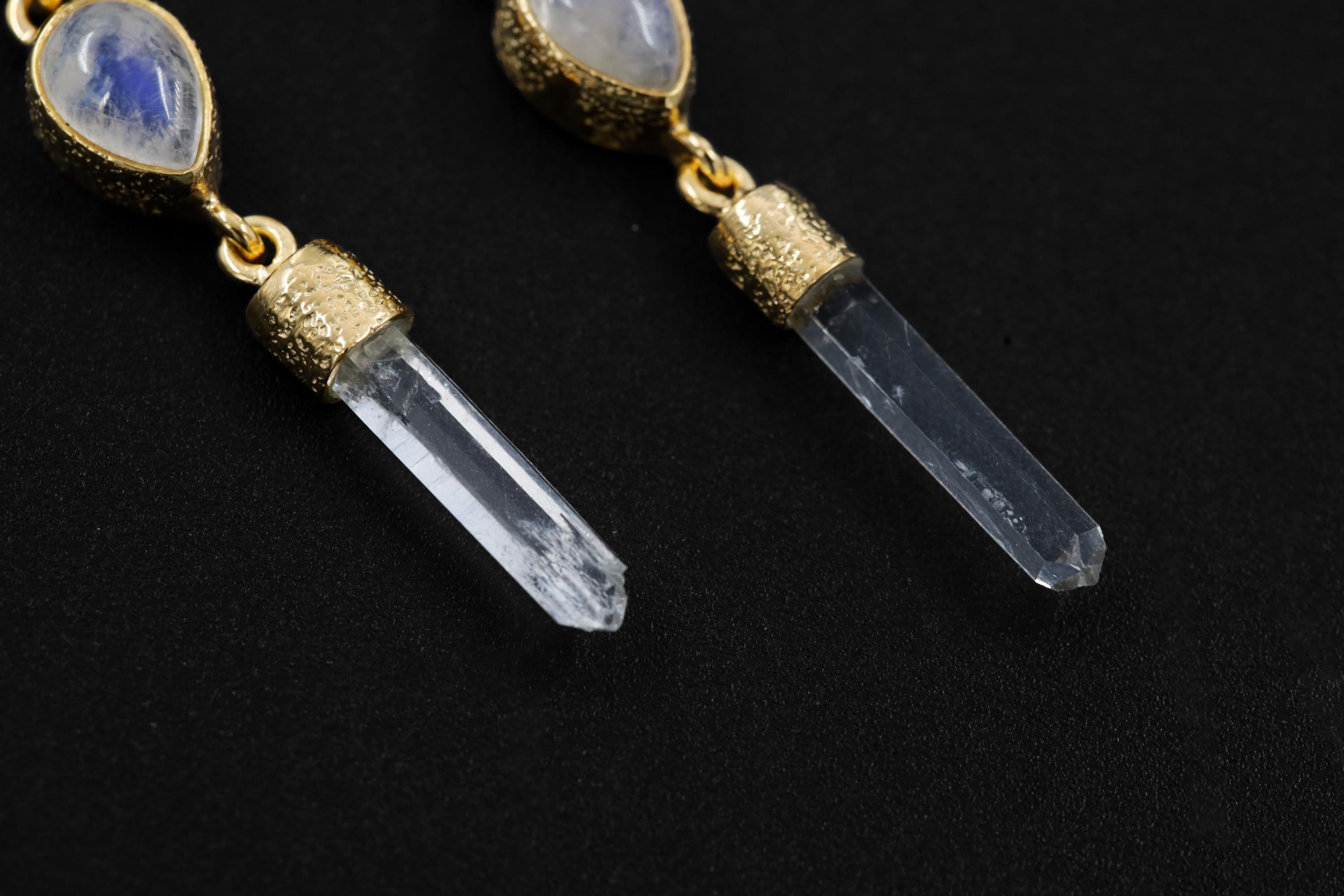 Teardrop Blue Moonstone & Raw Clear Quartz Earring Stud, Sand Textured Sterling Silver, 18K Gold Plated 3 Micron, Crown Chakra, Jewelry Gift