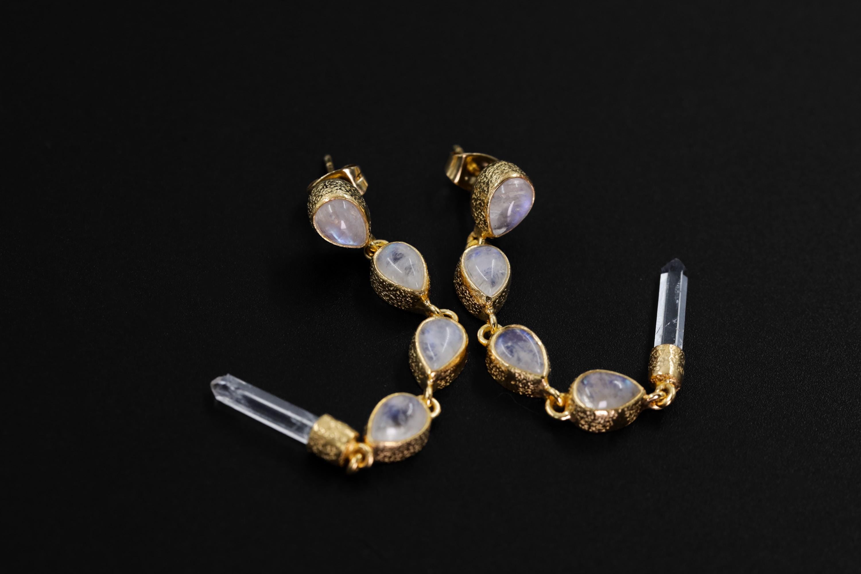 Teardrop Blue Moonstone & Raw Clear Quartz Earring Stud, Sand Textured Sterling Silver, 18K Gold Plated 3 Micron, Crown Chakra, Jewelry Gift