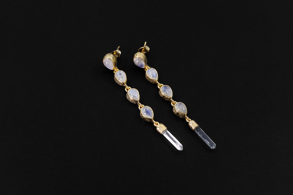 Teardrop Blue Moonstone & Raw Clear Quartz Earring Stud, Sand Textured Sterling Silver, 18K Gold Plated 3 Micron, Crown Chakra, Jewelry Gift