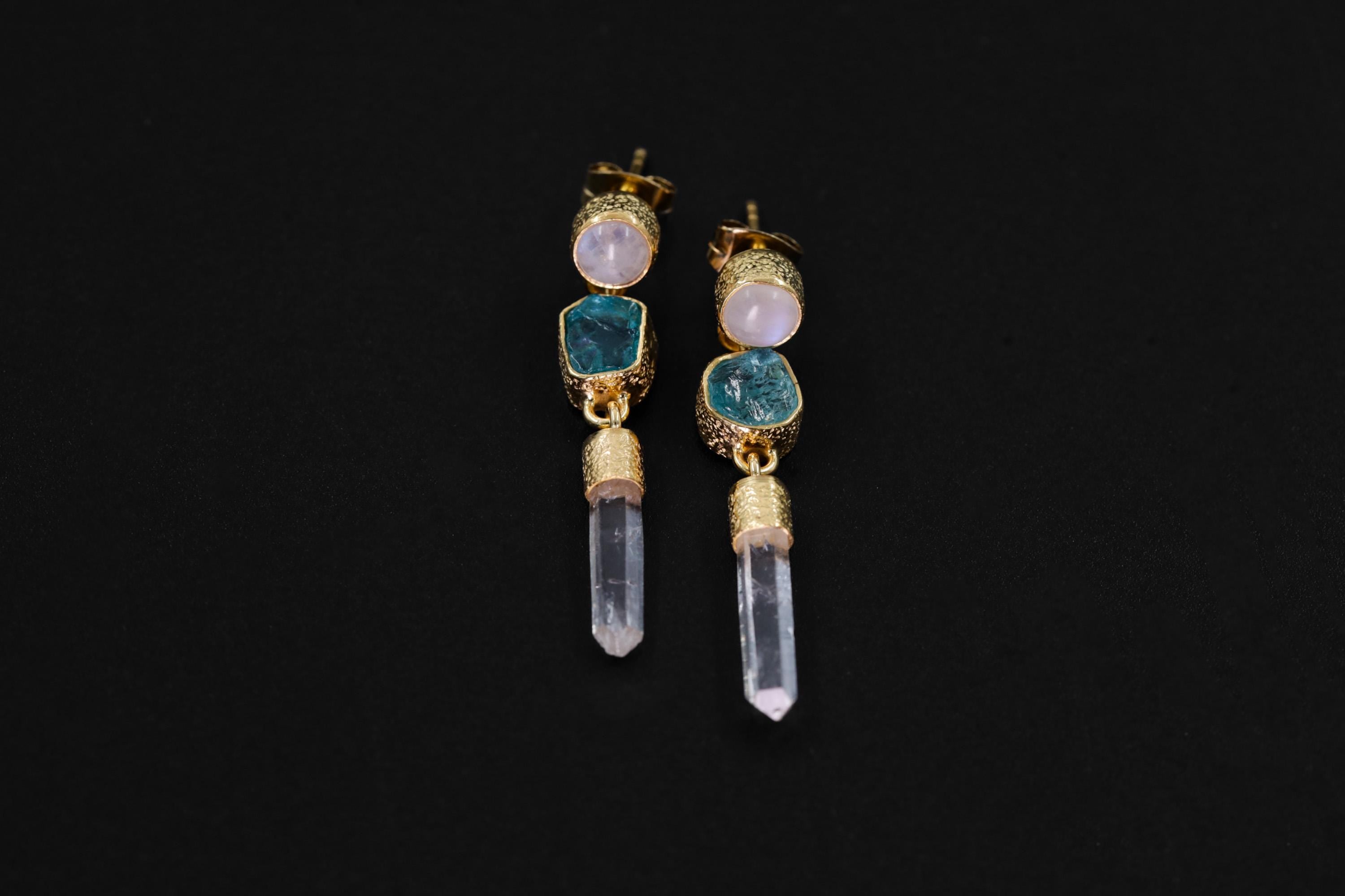 Moonstone Blue Apatite & Raw Quartz Earrings, Sand Textured, Sterling Silver Studs 18k 3 Micron Gold Plated Chakra Healing Spiritual Jewelry