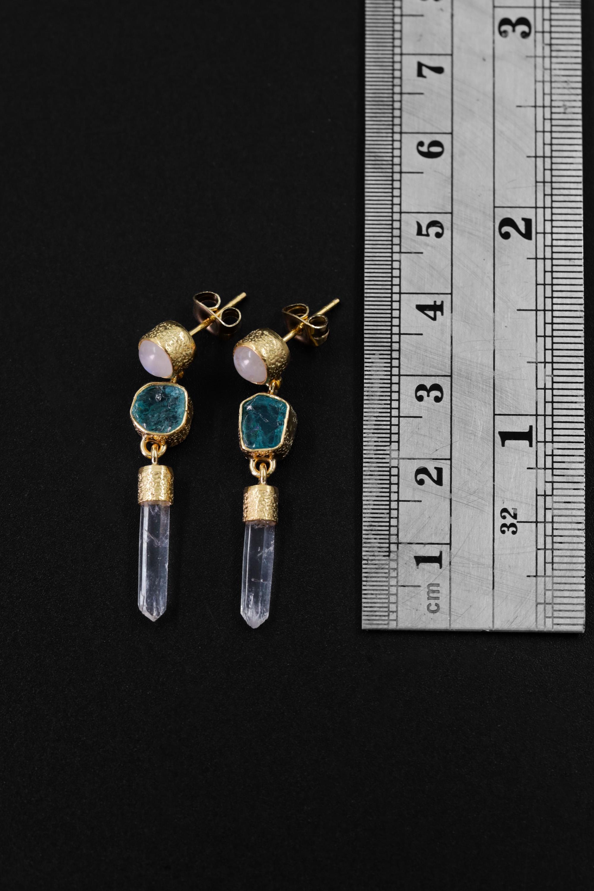Moonstone Blue Apatite & Raw Quartz Earrings, Sand Textured, Sterling Silver Studs 18k 3 Micron Gold Plated Chakra Healing Spiritual Jewelry