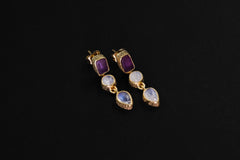 Amethyst & Moonstone Earrings with Sand Textured Sterling Silver Stud, 18K Gold Plated 3 Micron, Intuition and Chakra Healing, Unique Gift