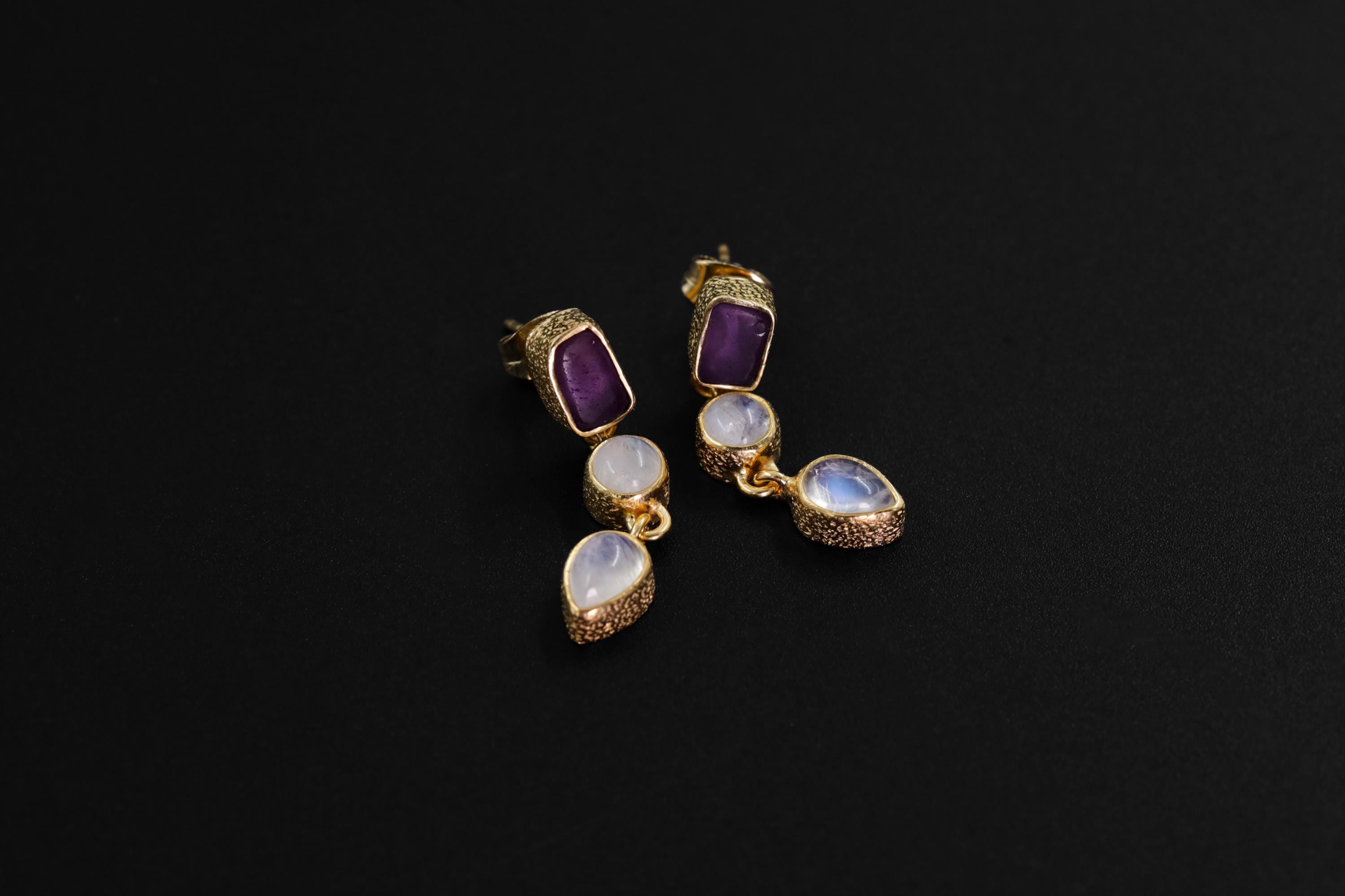 Amethyst & Moonstone Earrings with Sand Textured Sterling Silver Stud, 18K Gold Plated 3 Micron, Intuition and Chakra Healing, Unique Gift