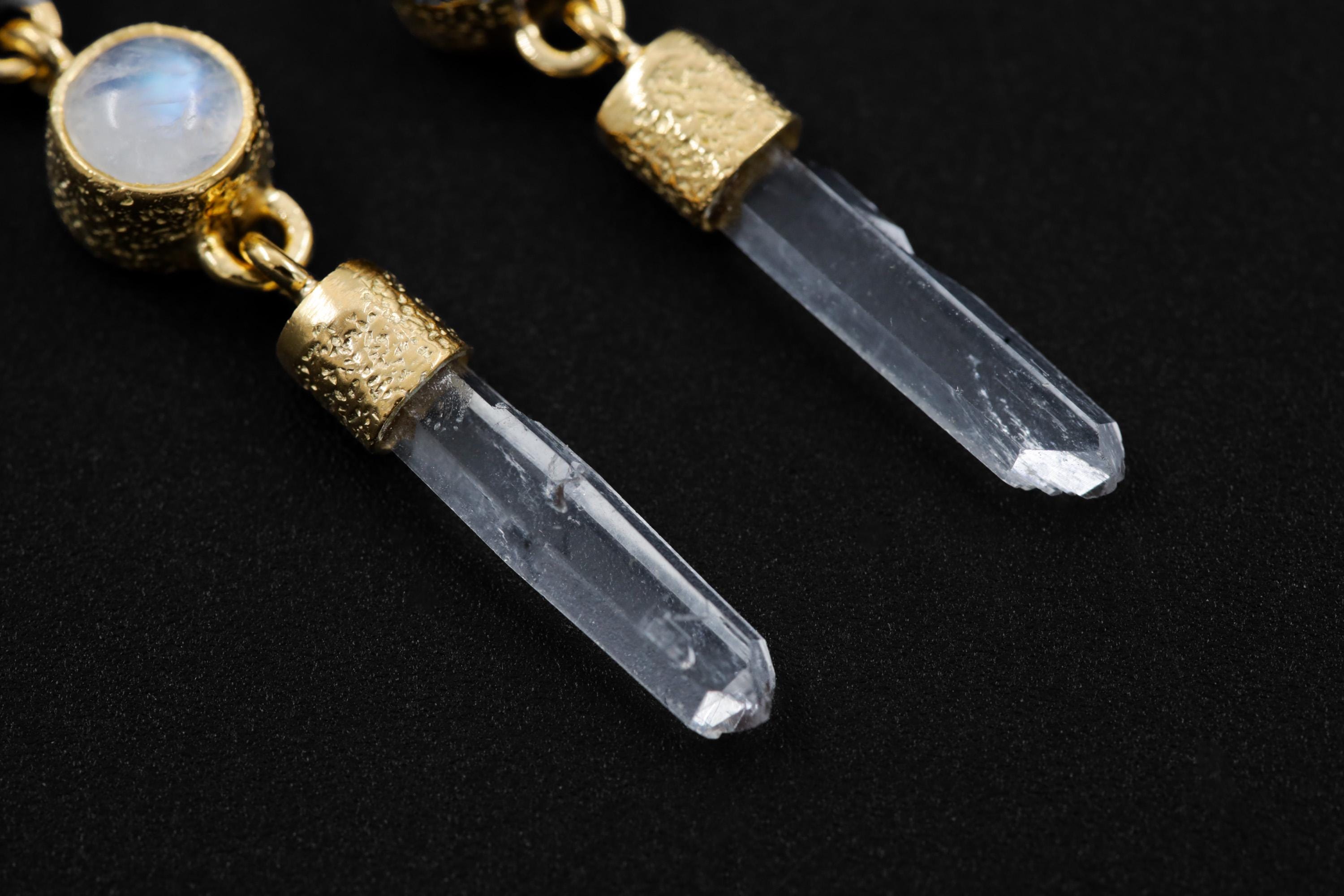 Blue Moonstone & Quartz Drop Earrings, Sand Textured Gold Plated Sterling Silver