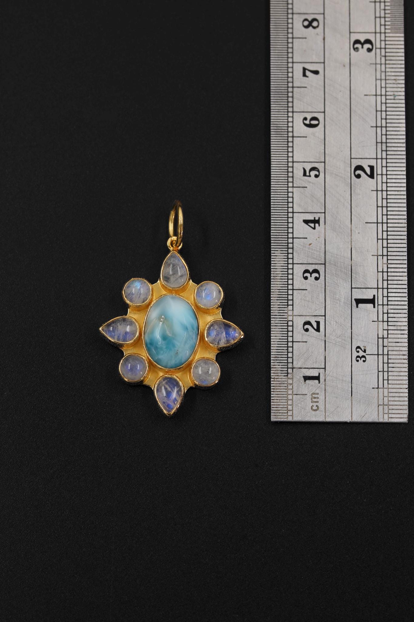 Larimar Blue Moonstone Flower Pendant, 18K Gold Plated 925 Silver, Handmade Amulet