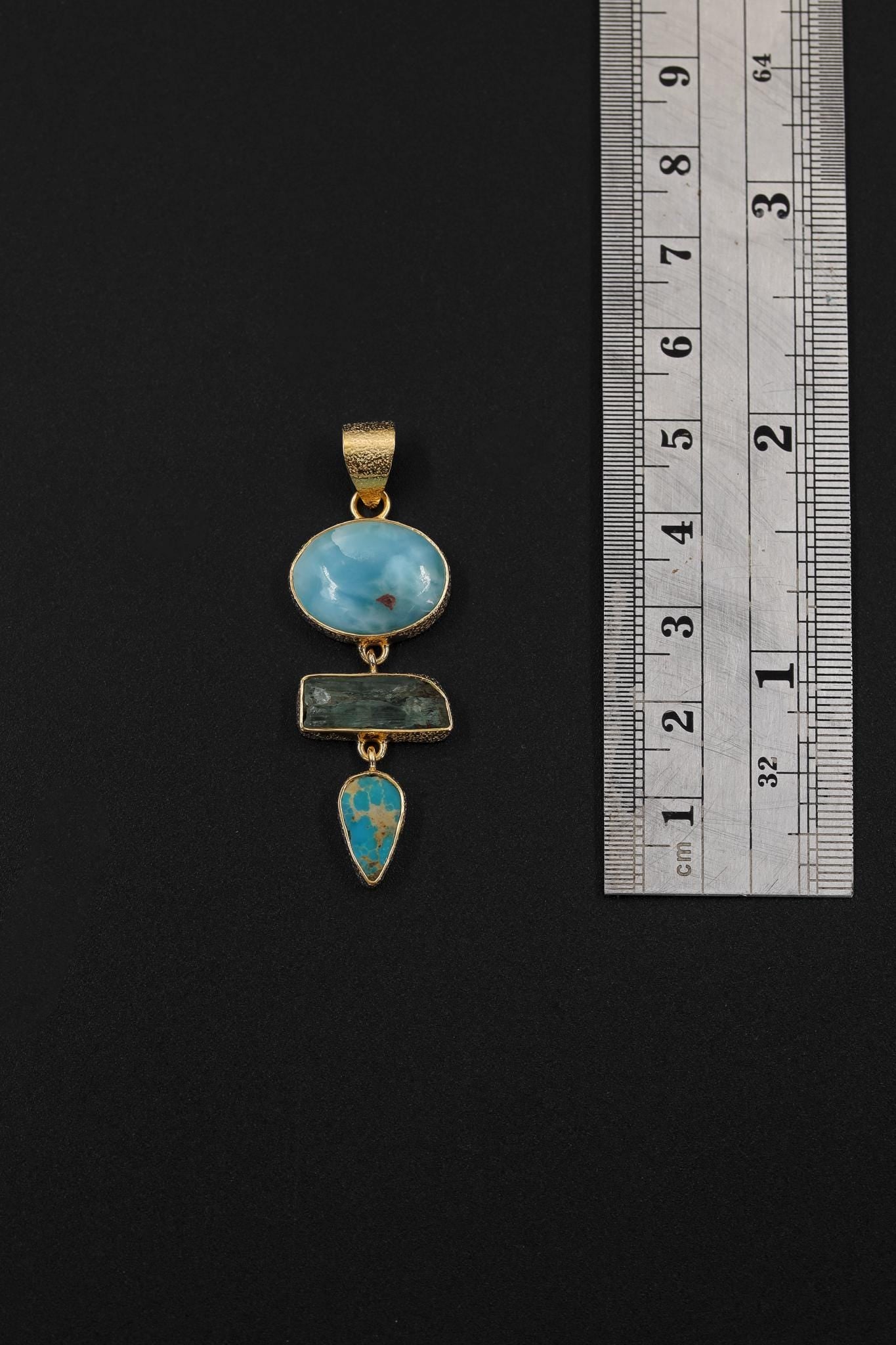 High Grade Larimar, Sleeping Beauty Arizona Turquoise, Raw Aquamarine Pendant, 925 Silver Gold Plated, Throat Chakra, Boho Jewelry Gift