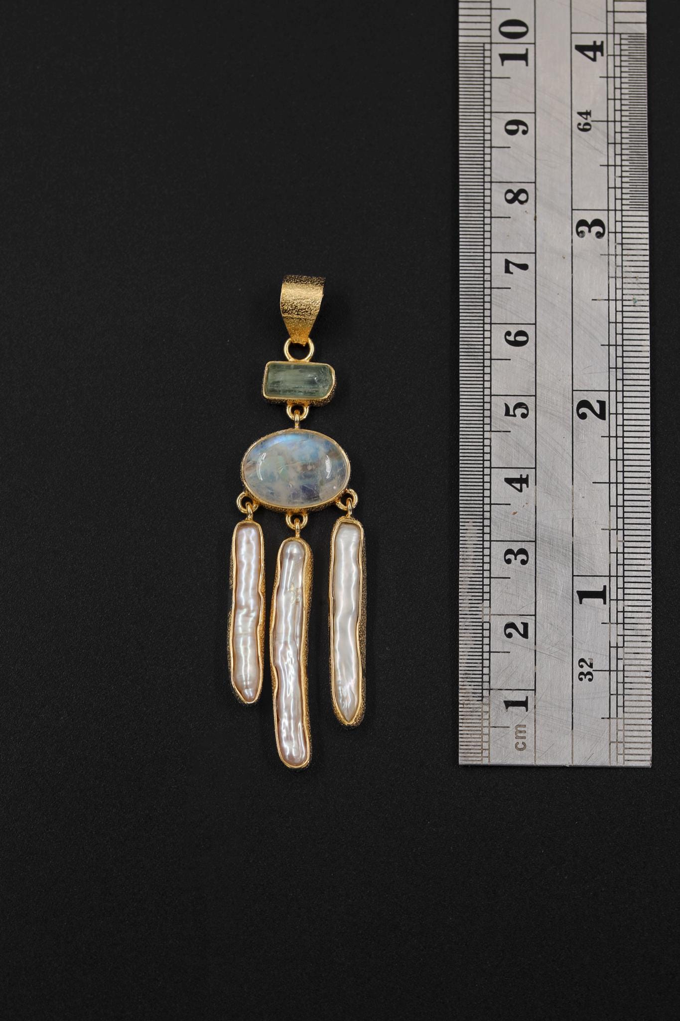 Aquamarine Moonstone Pearl Pendant, 925 Gold Plated Talisman, Raw Stick Pearls, Dreamcatcher Necklace, Crown Chakra, Ocean Energy Gift