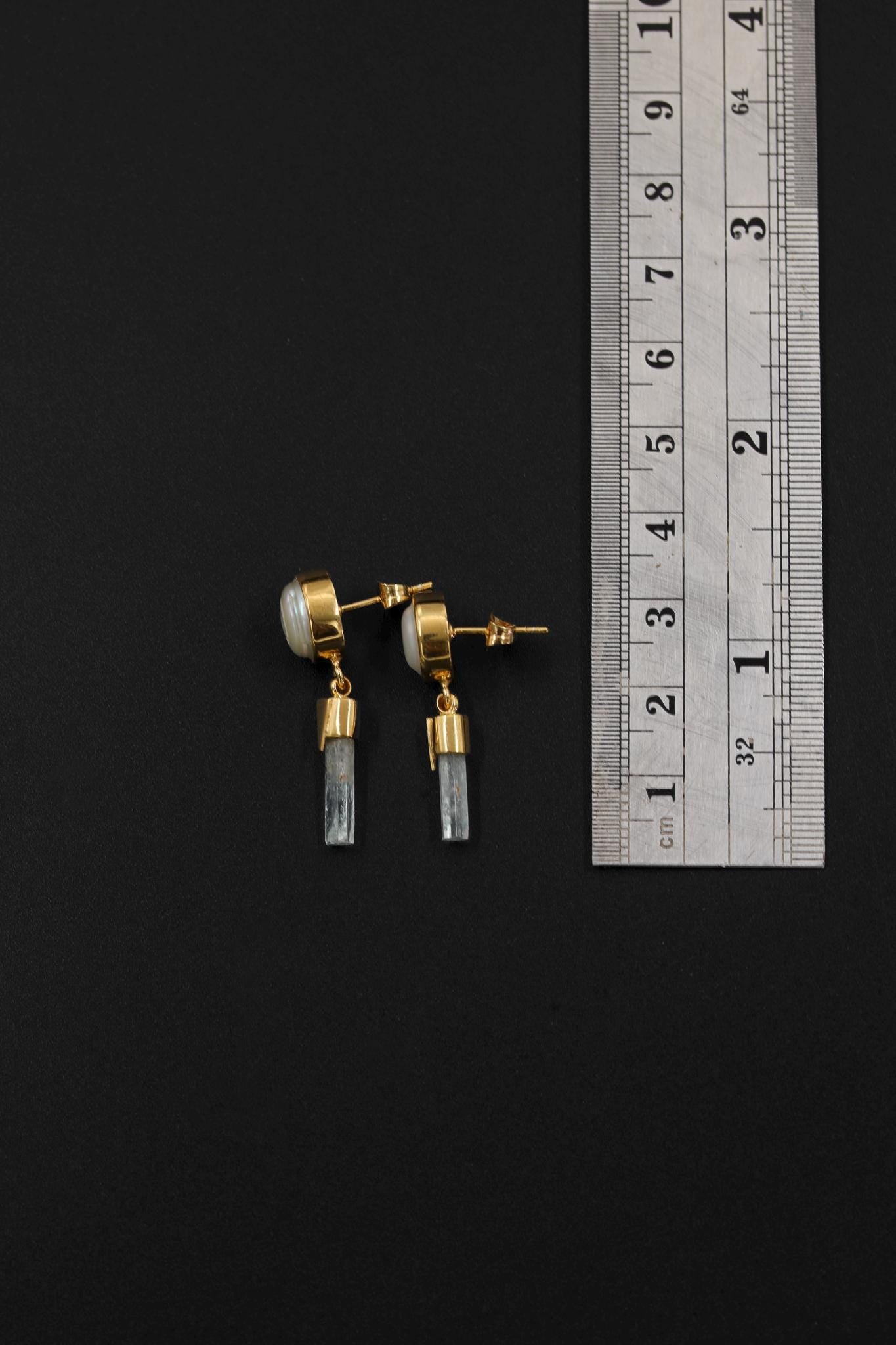 South Sea Pearl Aquamarine Earrings, Raw Crystal Stud Dangles, 18k Gold Plated, Healing Earrings, June Birthstone, Ocean Energy Gift