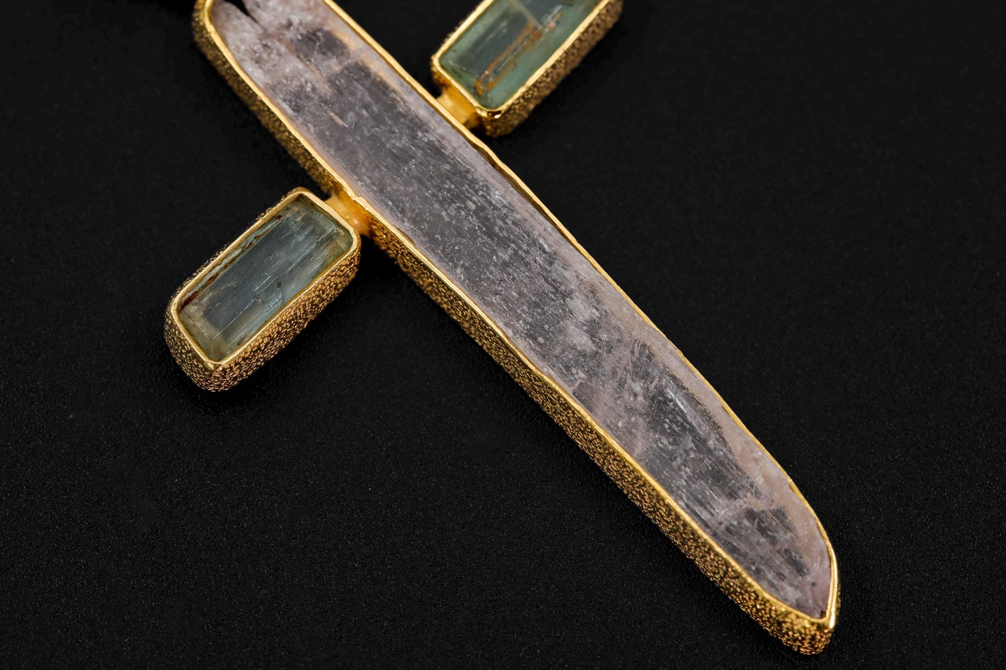 Handmade Kunzite Aquamarine Cross Pendant, 18k Gold Plated Silver