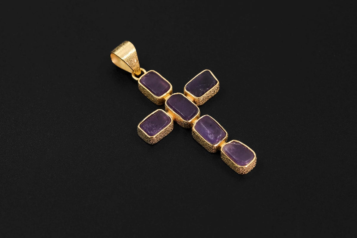 Amethyst Cross Pendant, Raw Square Gemstones, 925 Silver 18K Gold Plated, Spiritual Necklace, Organic Finish, Chakra Healing Gift