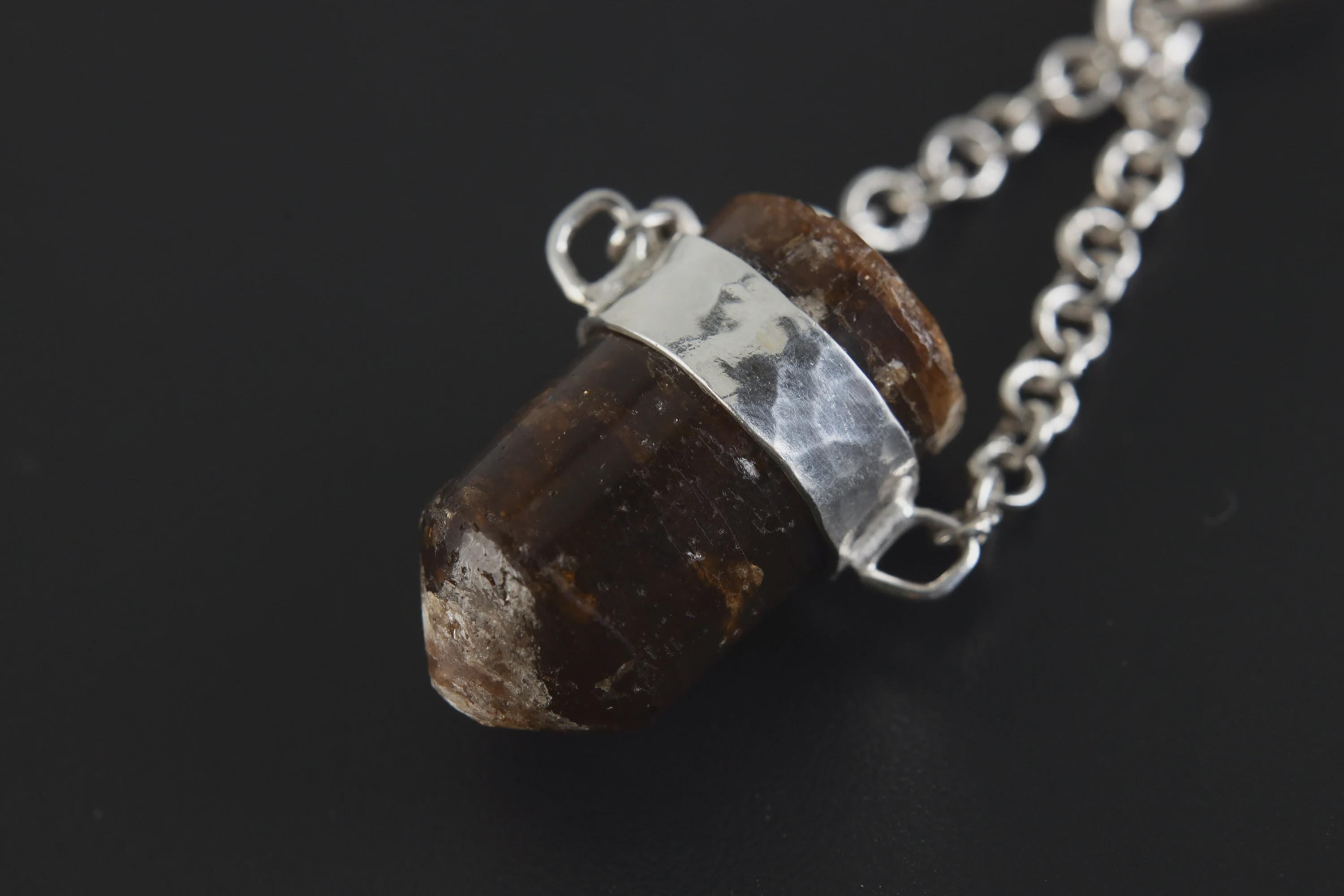 Earthen Bullet Brown Tourmaline - Sterling Silver Crystal Pendant - Hammered Textured & High Polish Finish