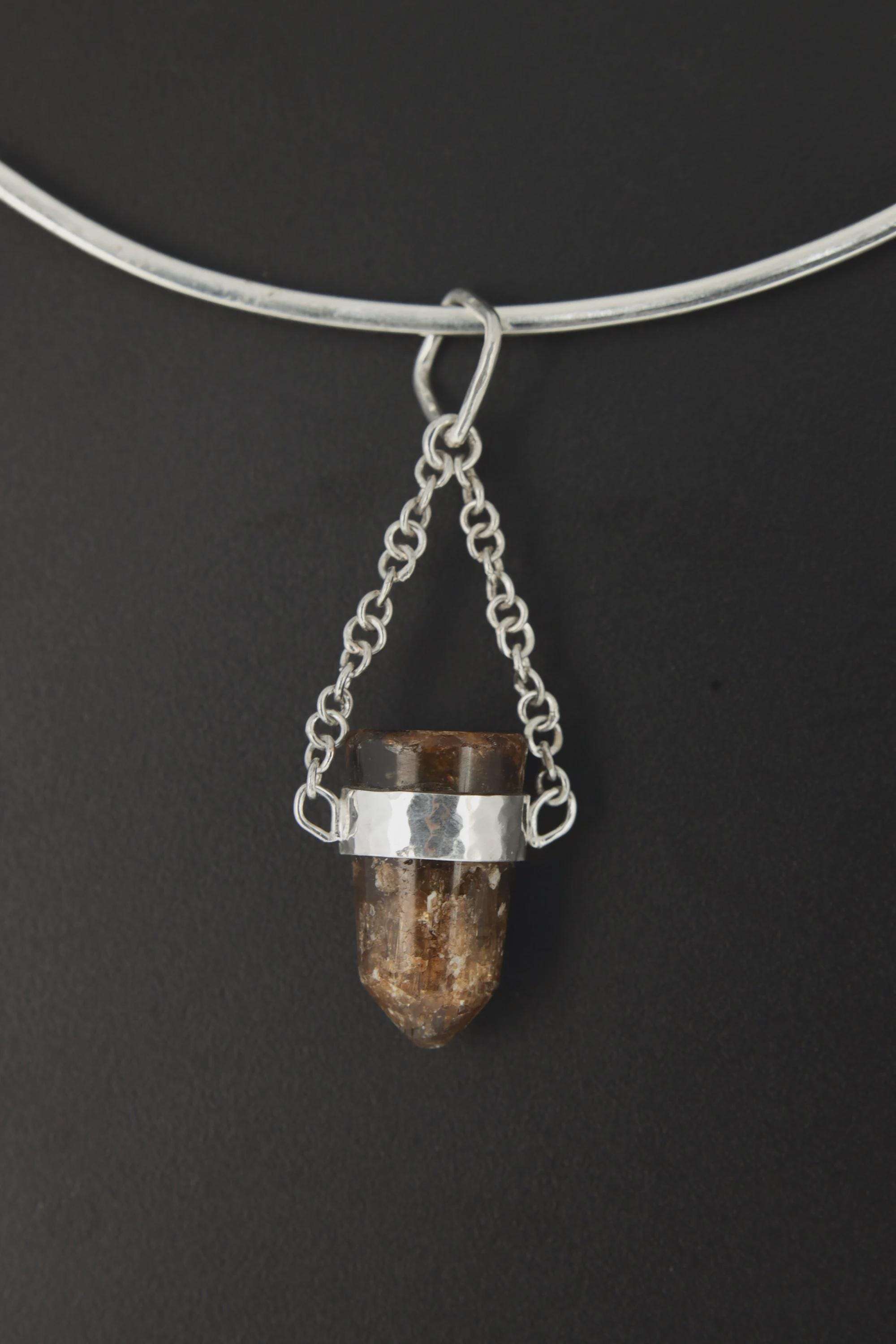 Earthen Bullet Brown Tourmaline - Sterling Silver Crystal Pendant - Hammered Textured & High Polish Finish