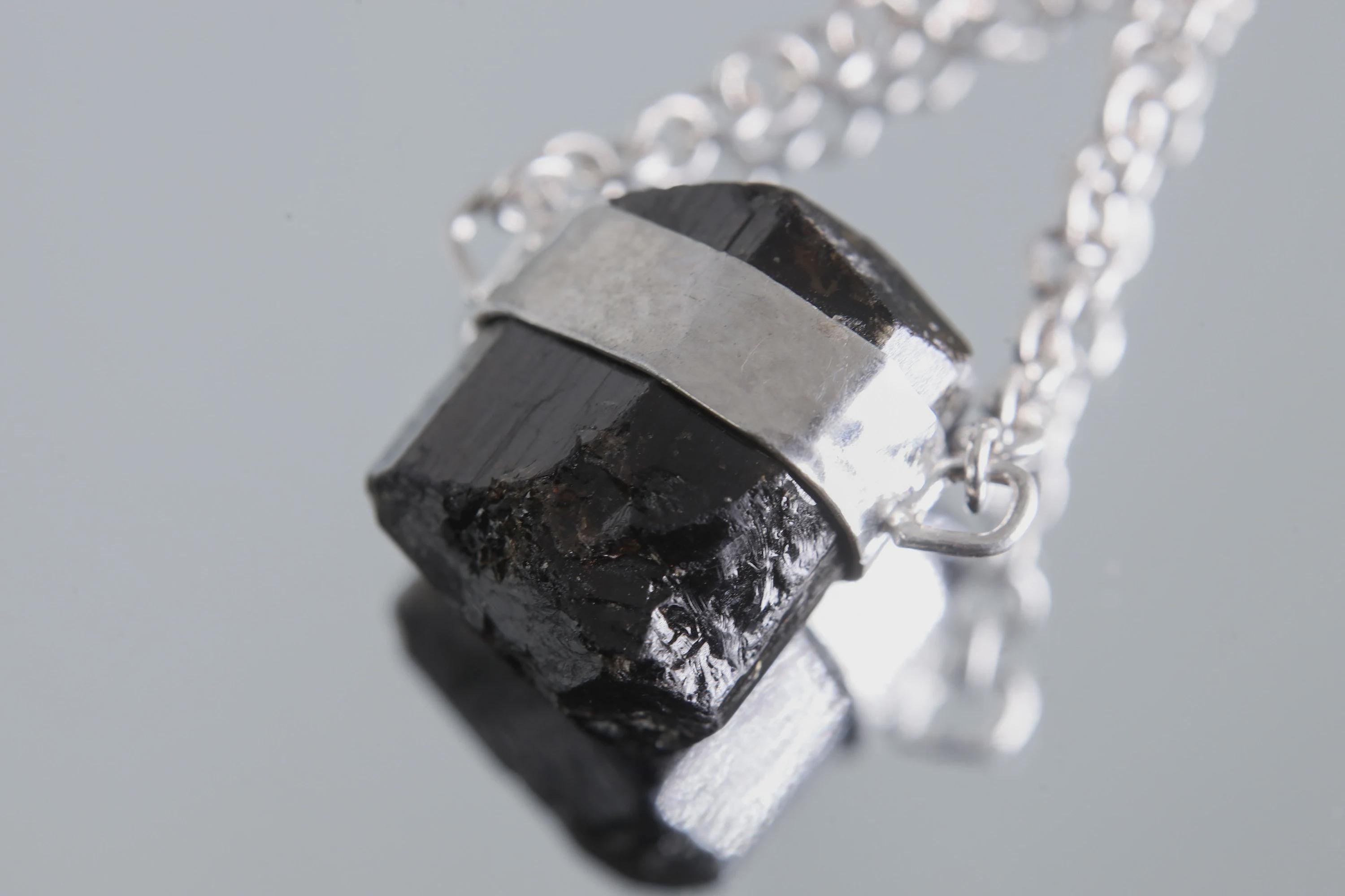 Double Terminated Black Tourmaline Pendant, Wrapped Textured Silver, Sterling Silver Crystal Charm, Protective Energy