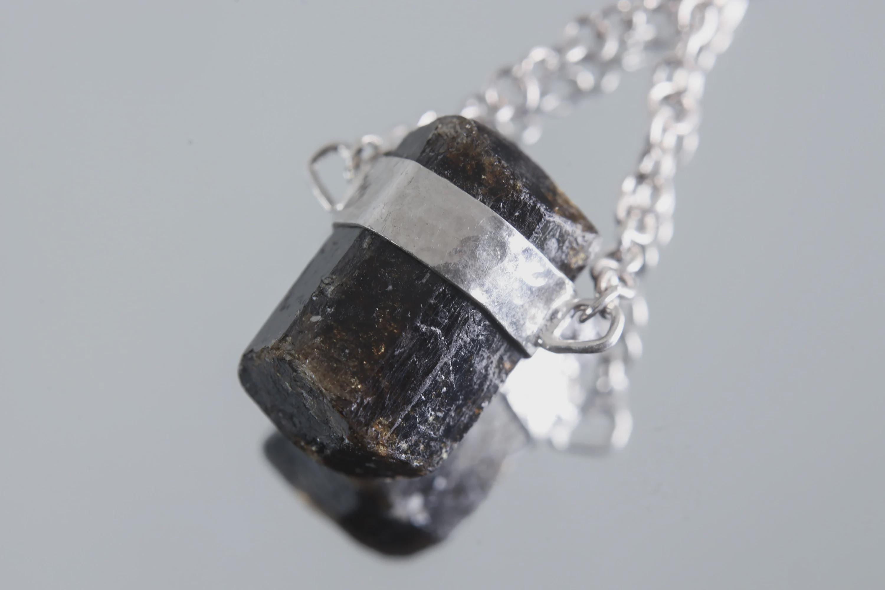 Double Terminated Black Tourmaline Pendant, Wrapped Textured Silver, Sterling Silver Crystal Charm, Protective Energy