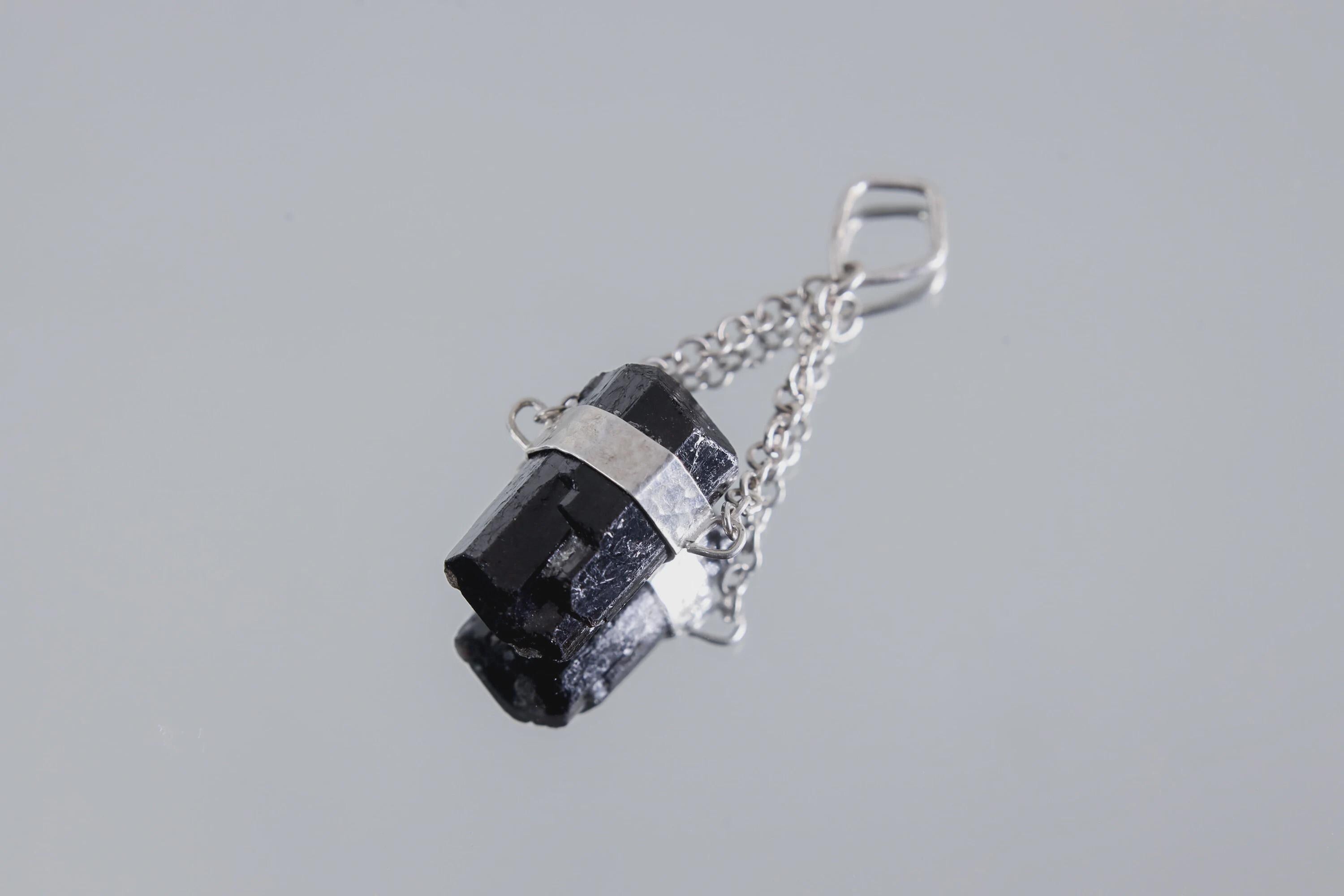 Double Terminated Black Tourmaline Pendant, Wrapped Textured Silver, Sterling Silver Crystal Charm, Protective Energy