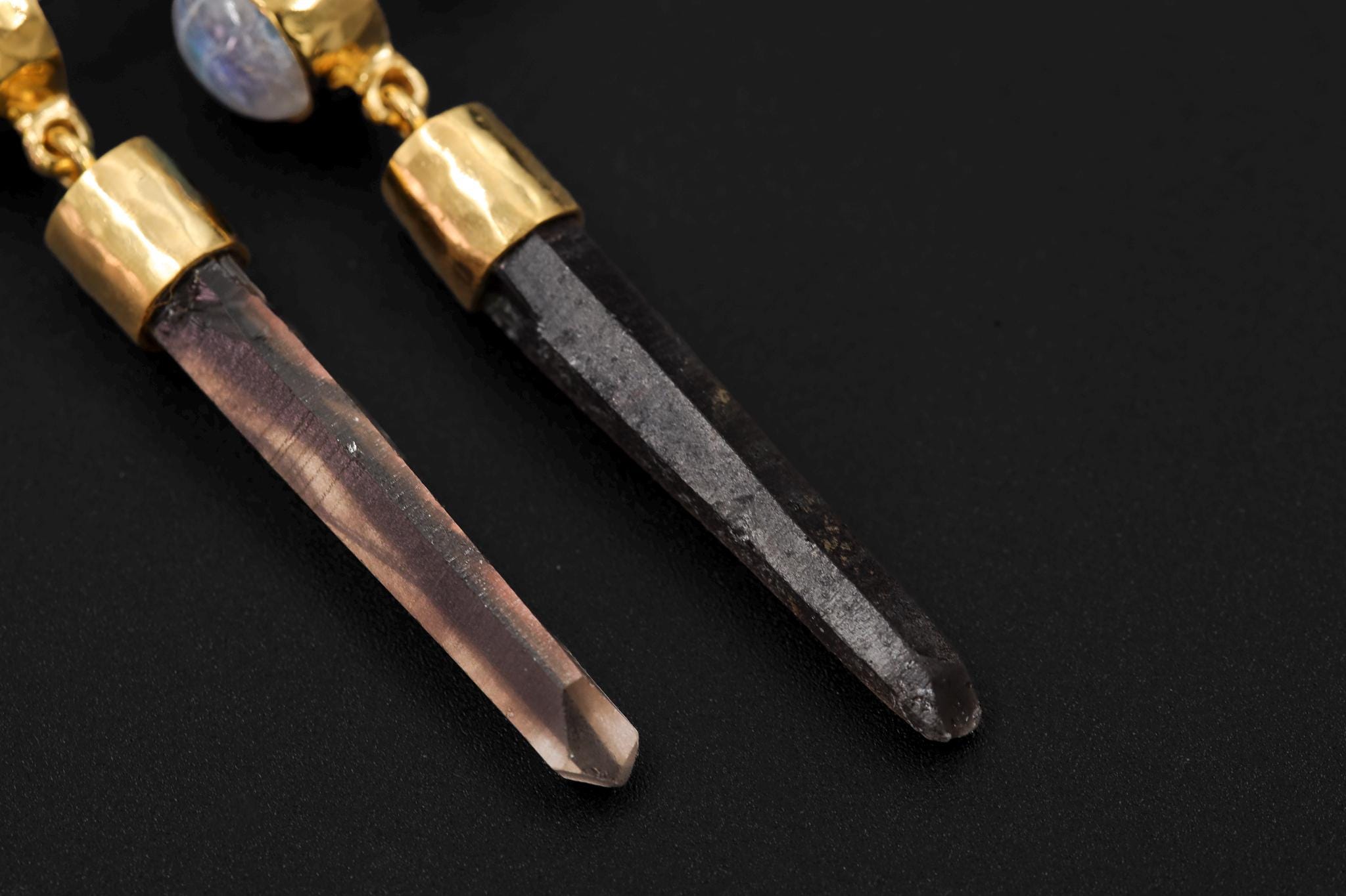 Blue Moonstone Smoky Quartz Earrings, 925 Silver 18K Gold Plated, Hammered Texture, Crystal Dangle Studs, Spiritual Healing Jewelry