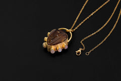 Brown Dravite Tourmaline & Blue Moonstone Pendant, 925 Silver 18k Gold Plated, Organic Texture, Chakra Healing, Unique Gift Jewelry