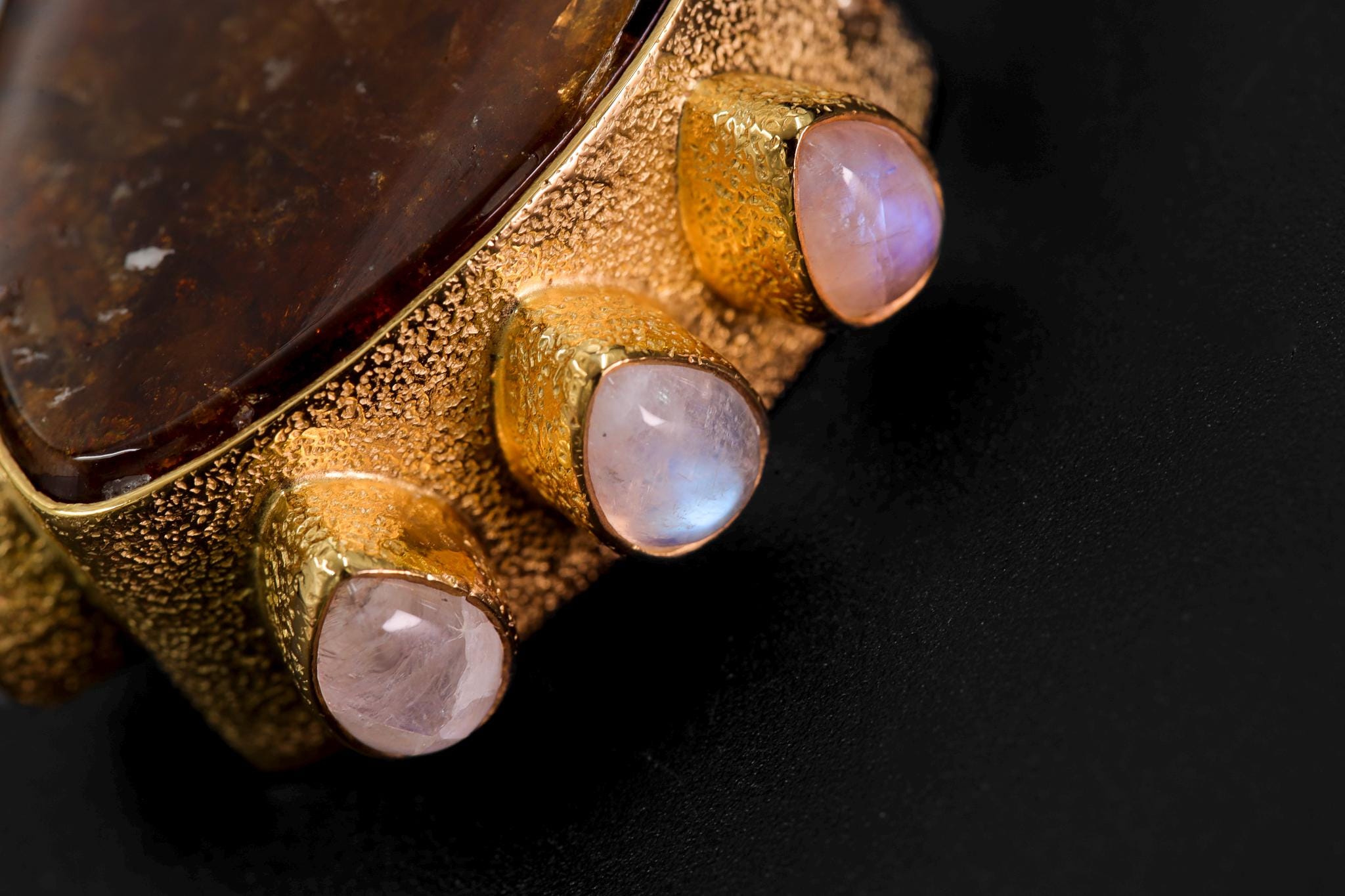 Brown Dravite Tourmaline & Blue Moonstone Pendant, 925 Silver 18k Gold Plated, Organic Texture, Chakra Healing, Unique Gift Jewelry