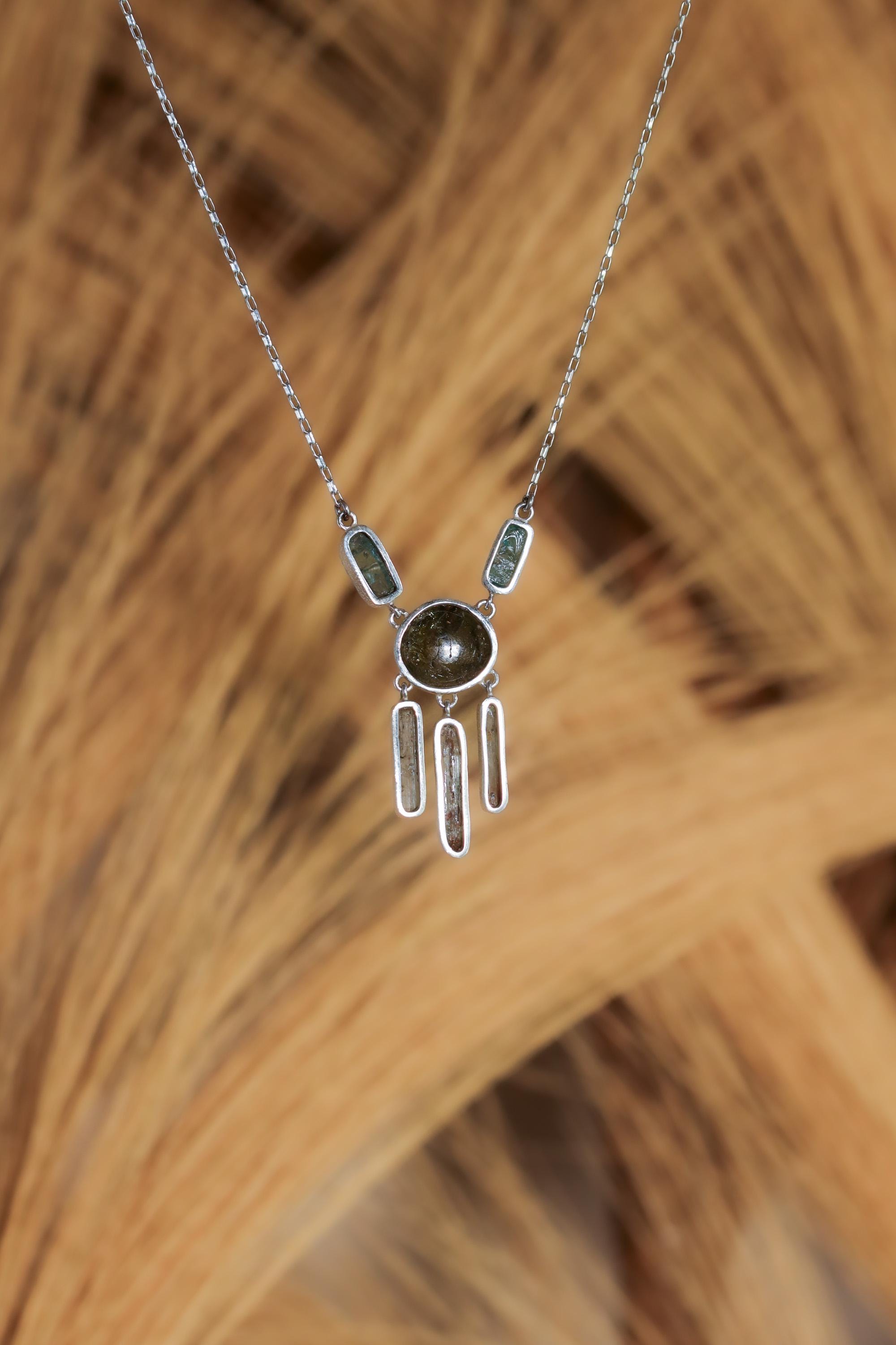 Green Tourmaline Apatite Aquamarine Necklace 925 Silver Forest Tide Pendant Heart Throat Chakra Gift
